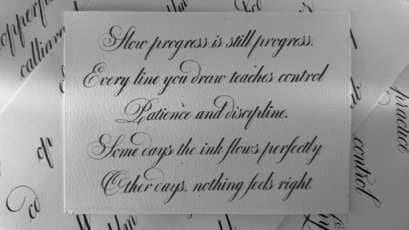 A finished Copperplate passage on Clairefontaine Aquapad paper from the workbook examples.