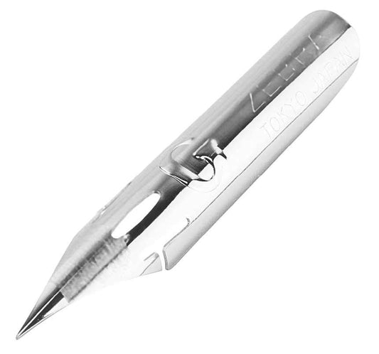 A pointed metal nib showing its tip, central slit, two tines and vent hole.