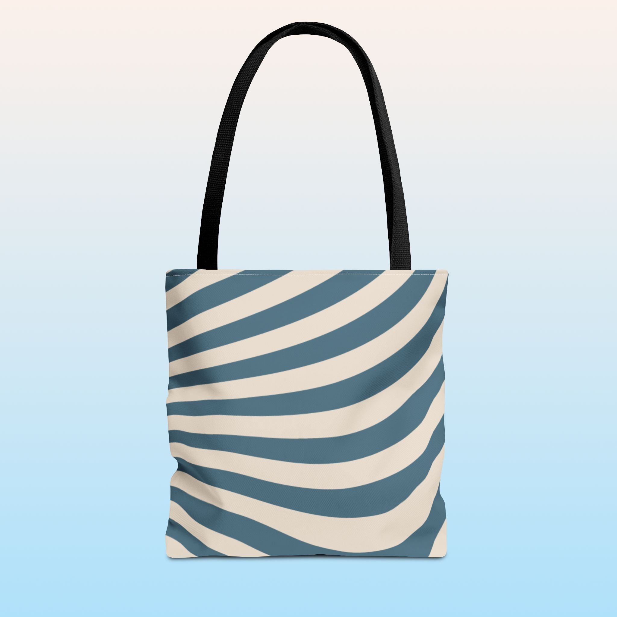 Tote bag mockup - Wavy Lines Blue & Cream Swirl - 13" x 13" - black handles