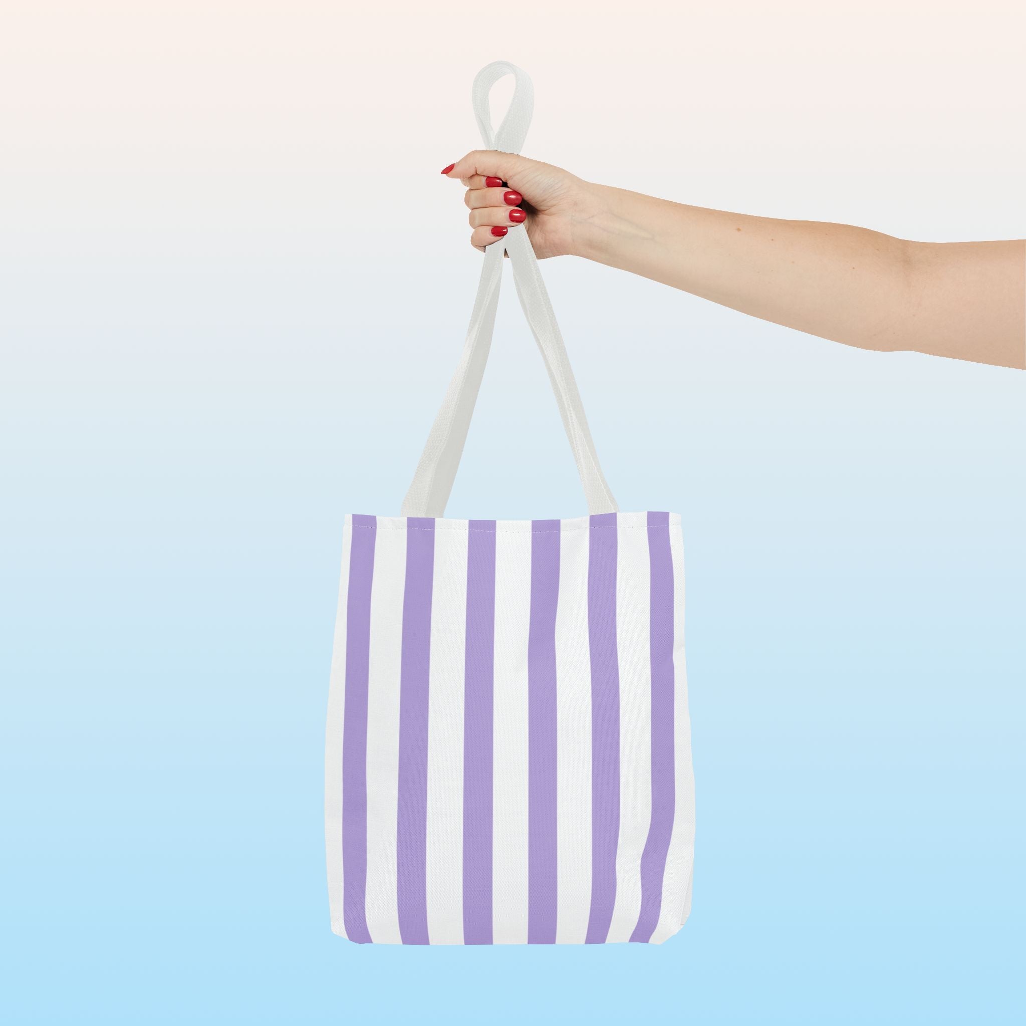 Tote bag mockup - Striped Lavender - 13" x 13" - white handles - detail view