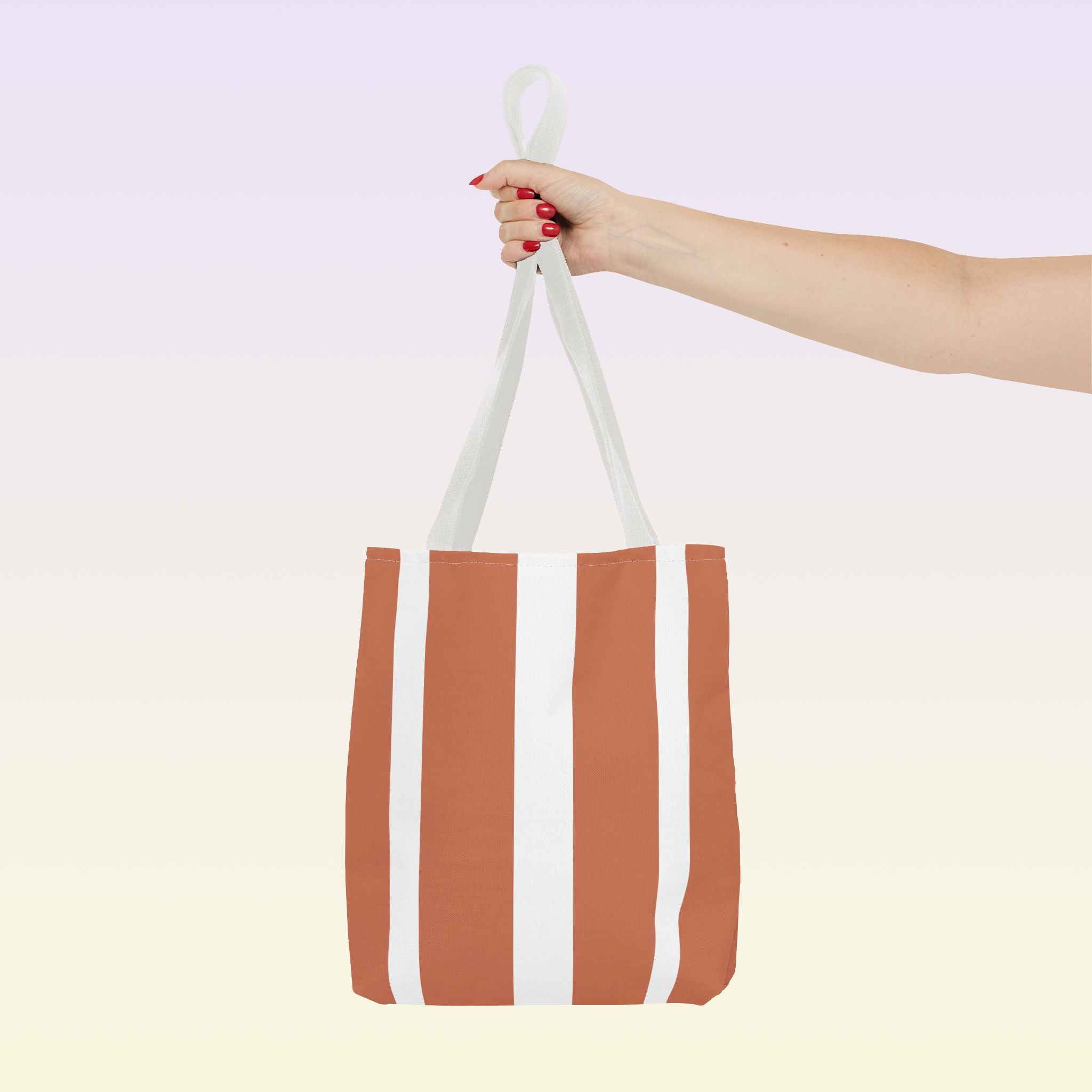 Tote bag mockup - Striped Terracotta - 13" x 13" - white handles - detail view
