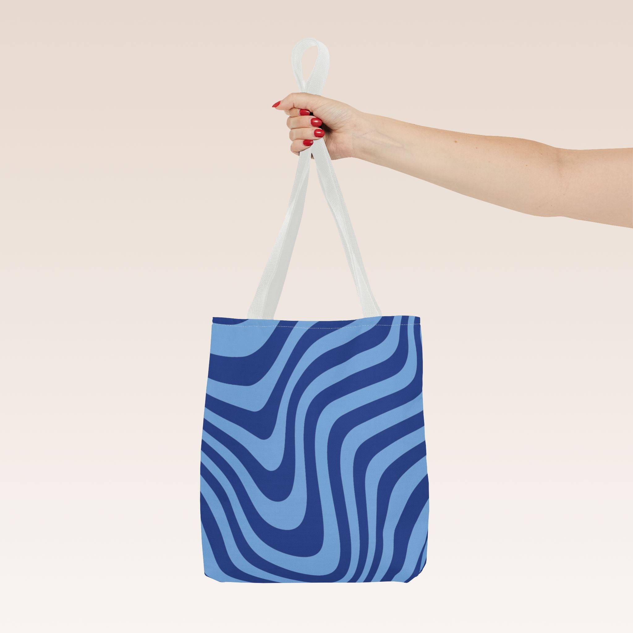 Tote bag mockup - Wavy Lines Deep Blue - 13" x 13" - white handles - detail view