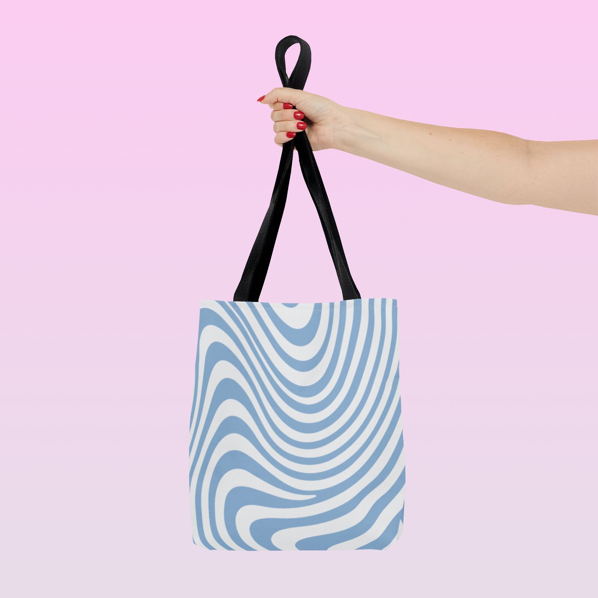 Tote bag mockup - Wavy Lines Light Blue - 13" x 13" - black handles - detail view