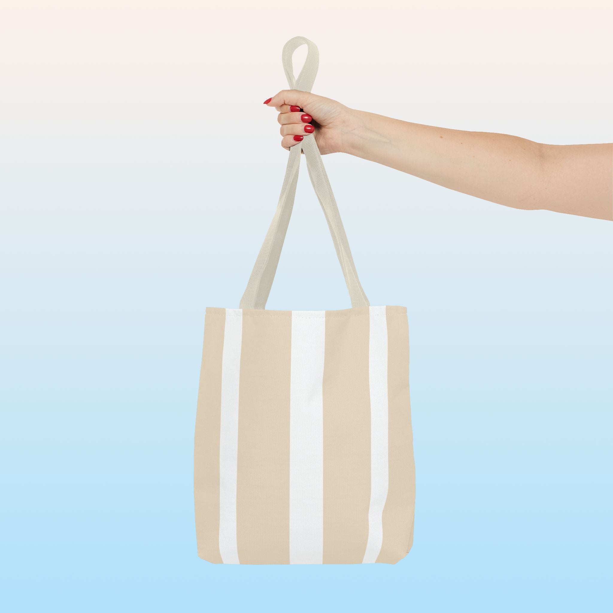 Tote bag mockup - Striped Sand Beige - 13" x 13" - beige handles - detail view