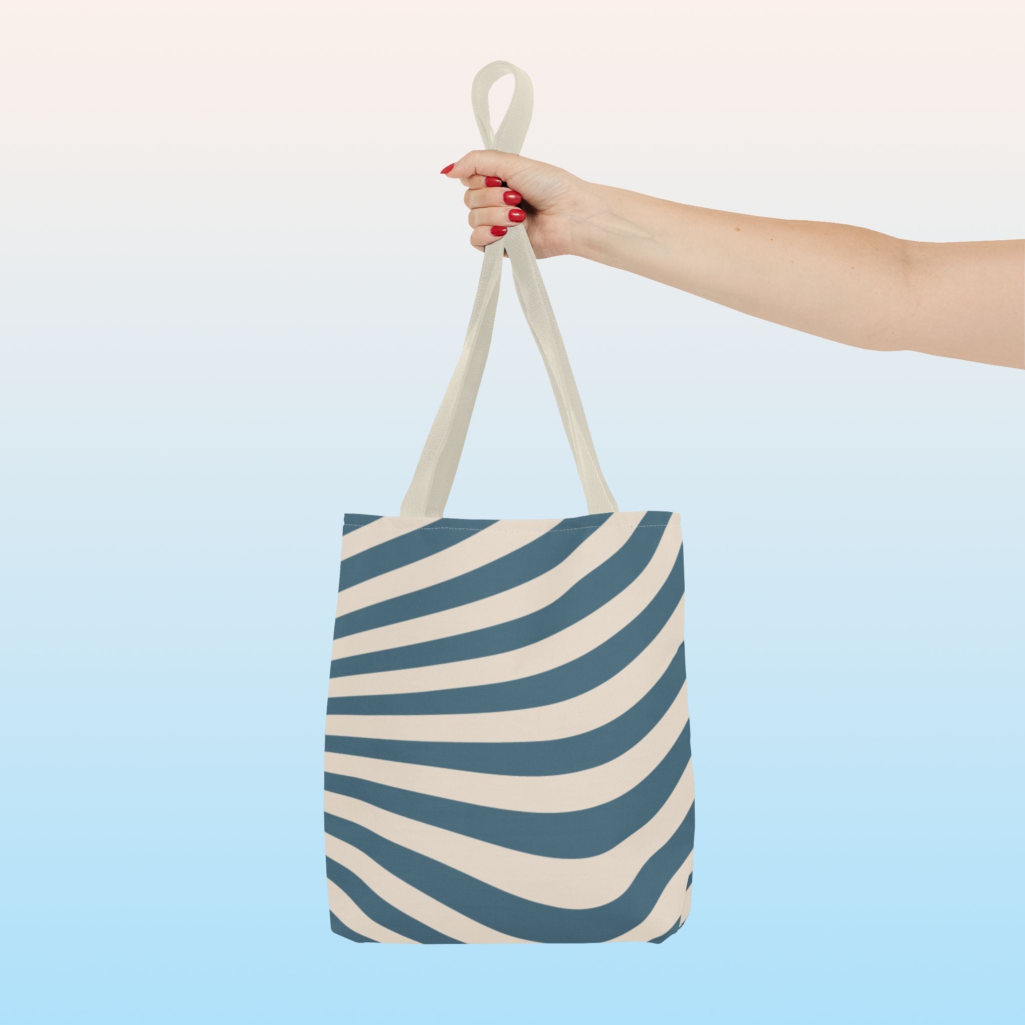 Tote bag mockup - Wavy Lines Blue & Cream Swirl - 13" x 13" - beige handles - detail view
