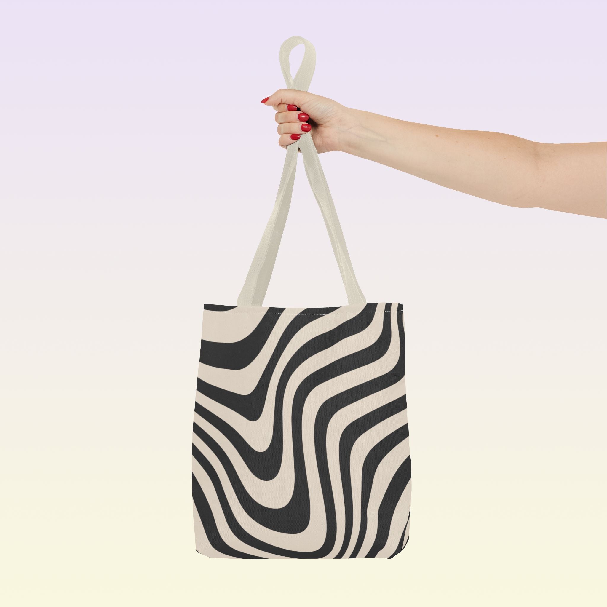 Tote bag mockup - Wavy Lines Charcoal - 13" x 13" - beige handles - detail view