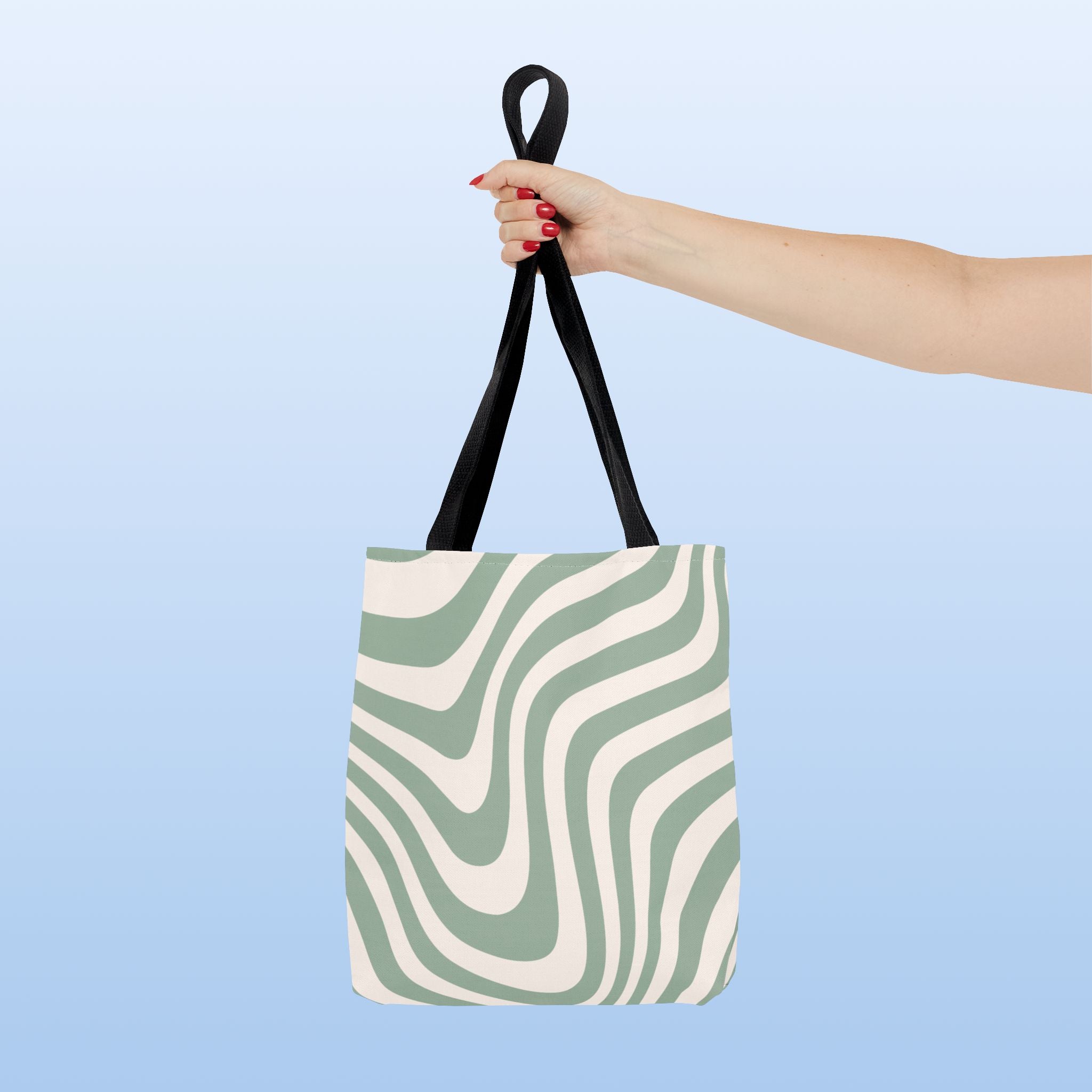 Tote bag mockup - Wavy Lines Sage Green - 13" x 13" - black handles - detail view