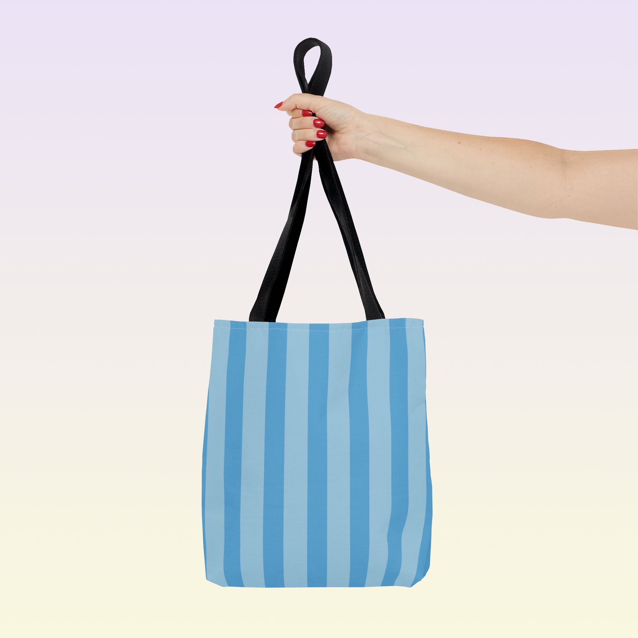 Tote bag mockup - Striped Sky Blue - 13" x 13" - black handles - detail view