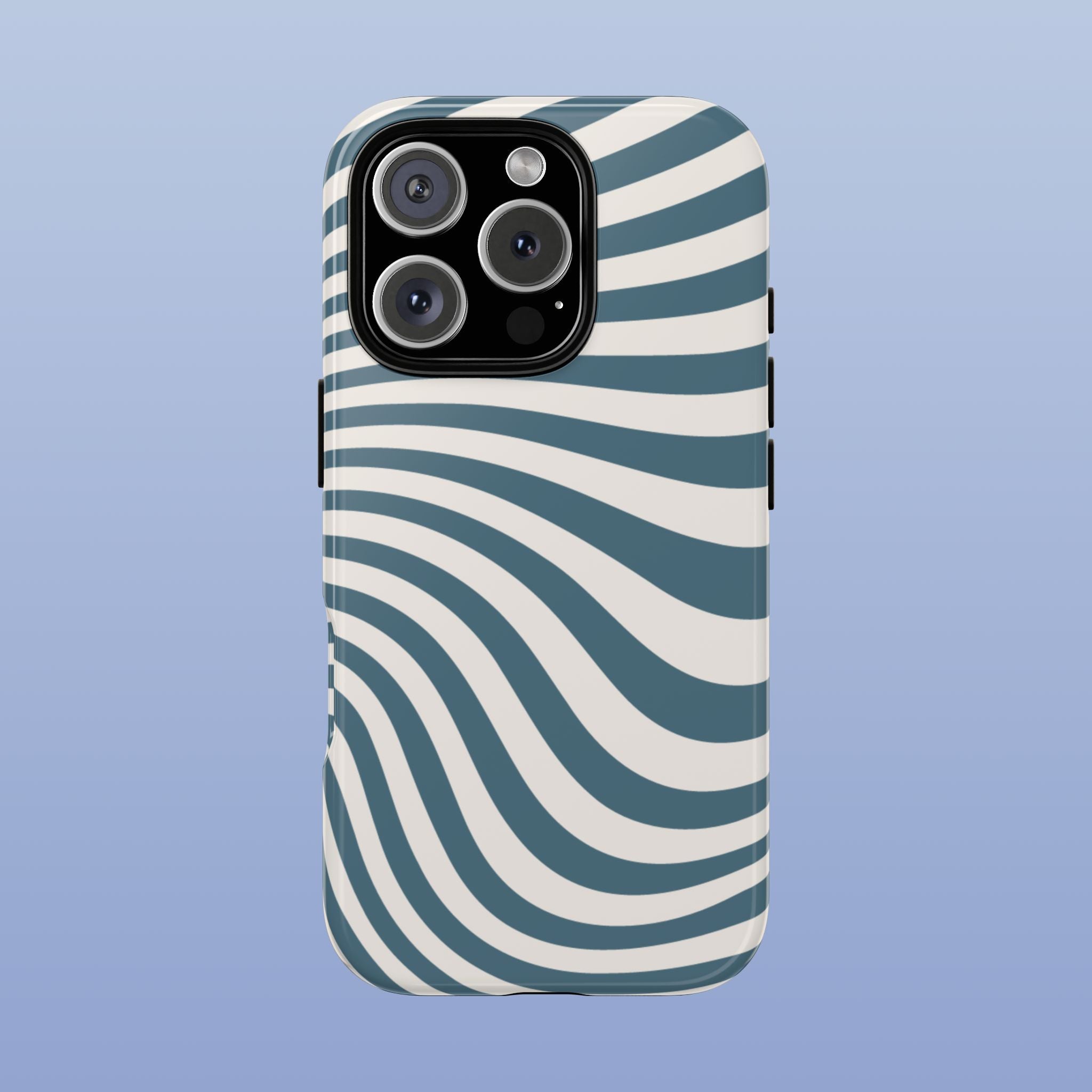 Phone case with blue and white wavy pattern on a solid background