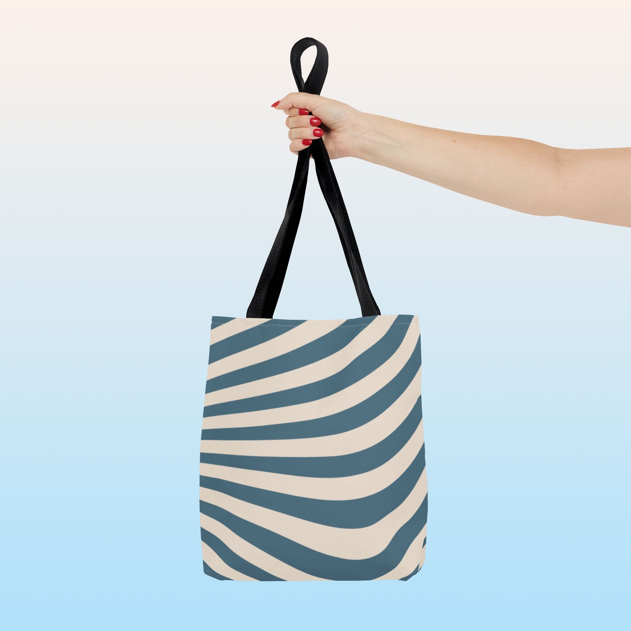 Tote bag mockup - Wavy Lines Blue & Cream Swirl - 13" x 13" - black handles - detail view