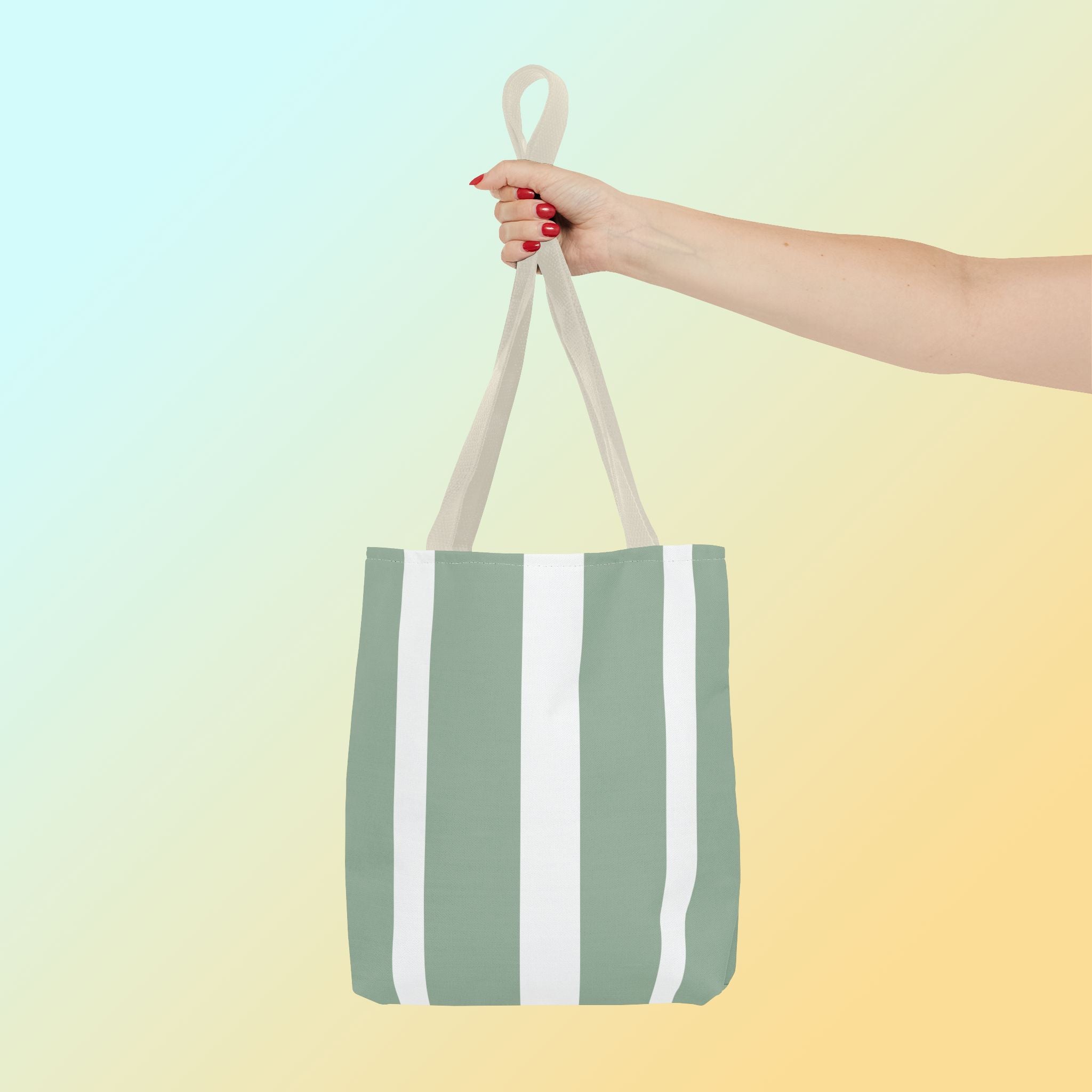 Tote bag mockup - Striped Soft Sage - 13" x 13" - beige handles - detail view