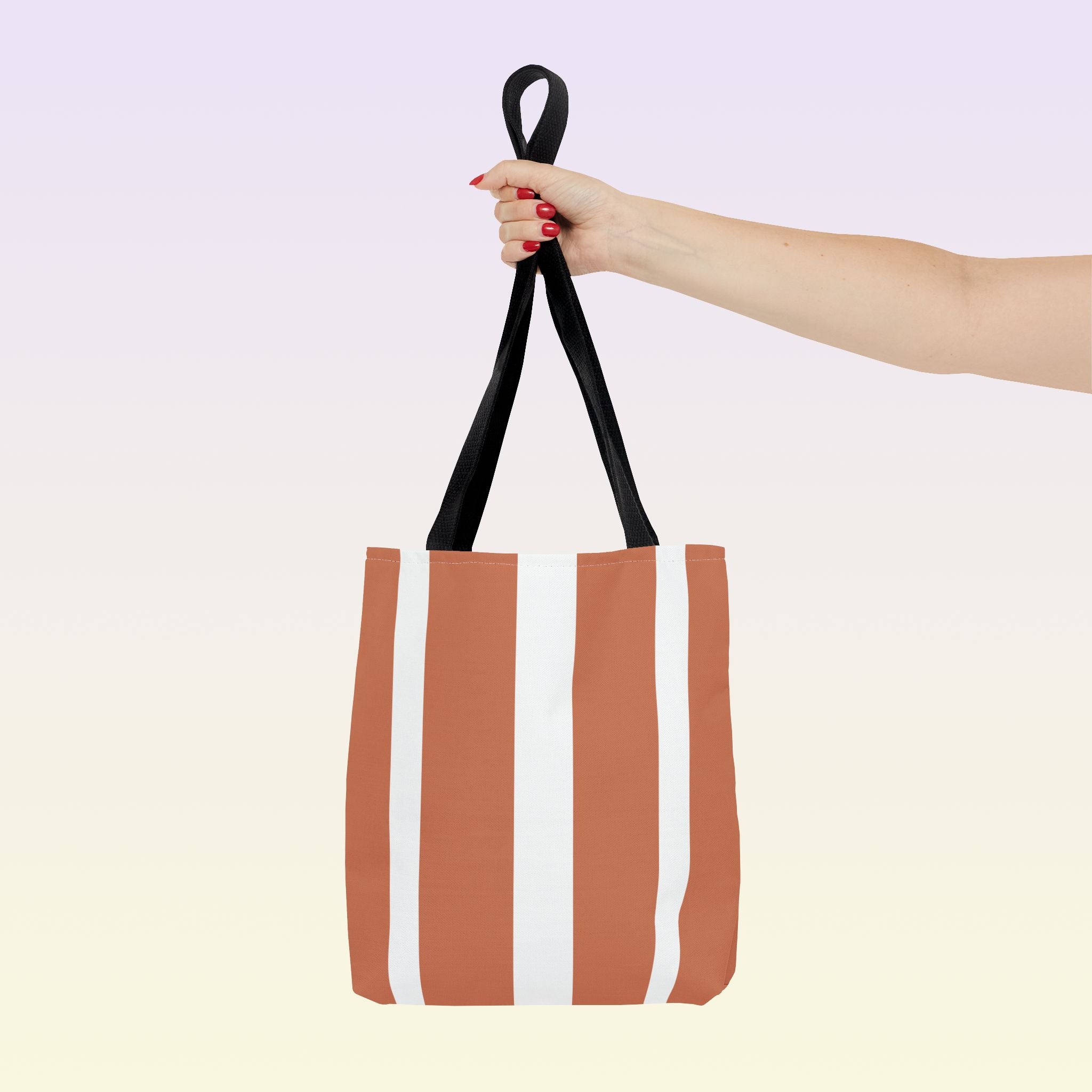 Tote bag mockup - Striped Terracotta - 13" x 13" - black handles - detail view