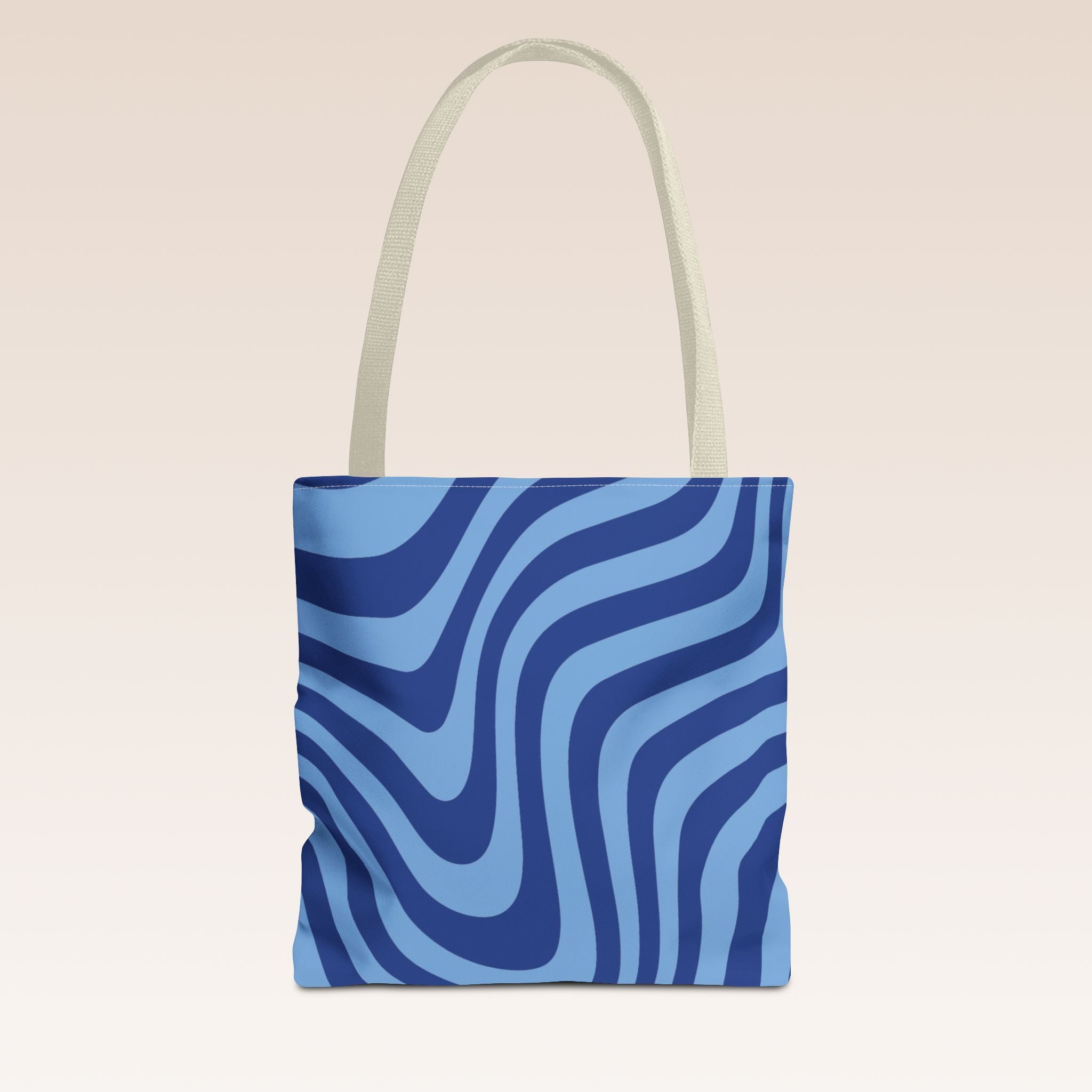 Tote bag mockup - Wavy Lines Deep Blue - 13" x 13" - beige handles