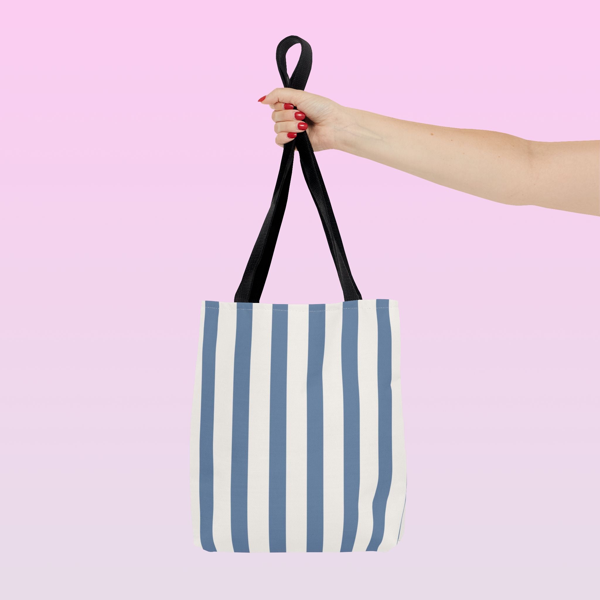 Tote bag mockup - Striped Dusty Blue - 13" x 13" - black handles - detail view