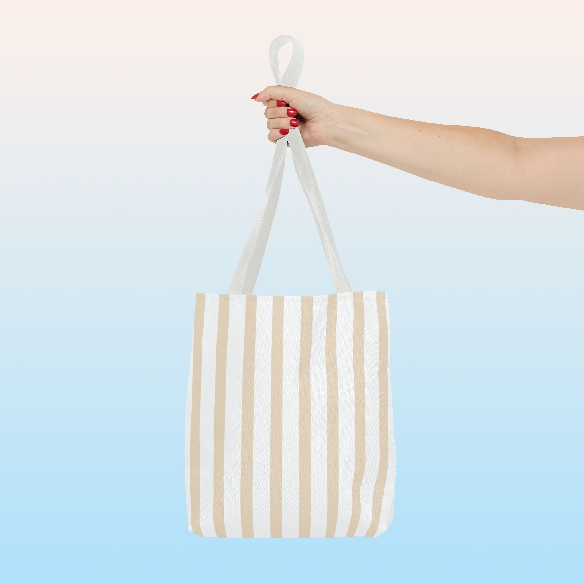 Tote bag mockup - Striped Soft Beige - 13" x 13" - white handles - detail view