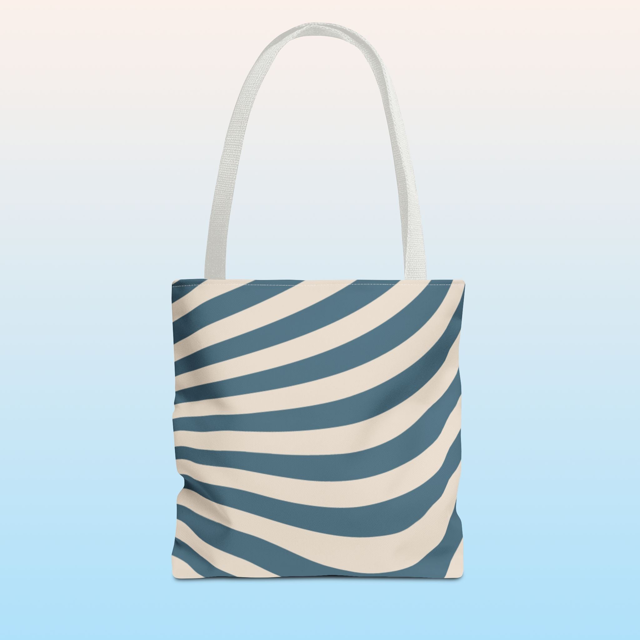 Tote bag mockup - Wavy Lines Blue & Cream Swirl - 13" x 13" - white handles