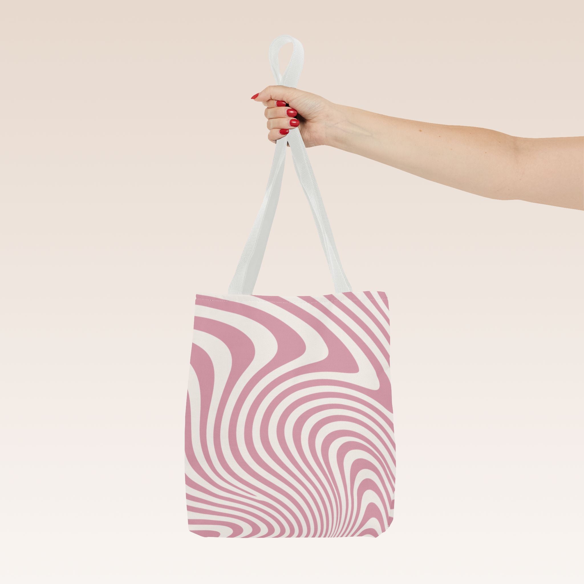 Tote bag mockup - Wavy Lines Soft Pink Swirl - 13" x 13" - white handles - detail view