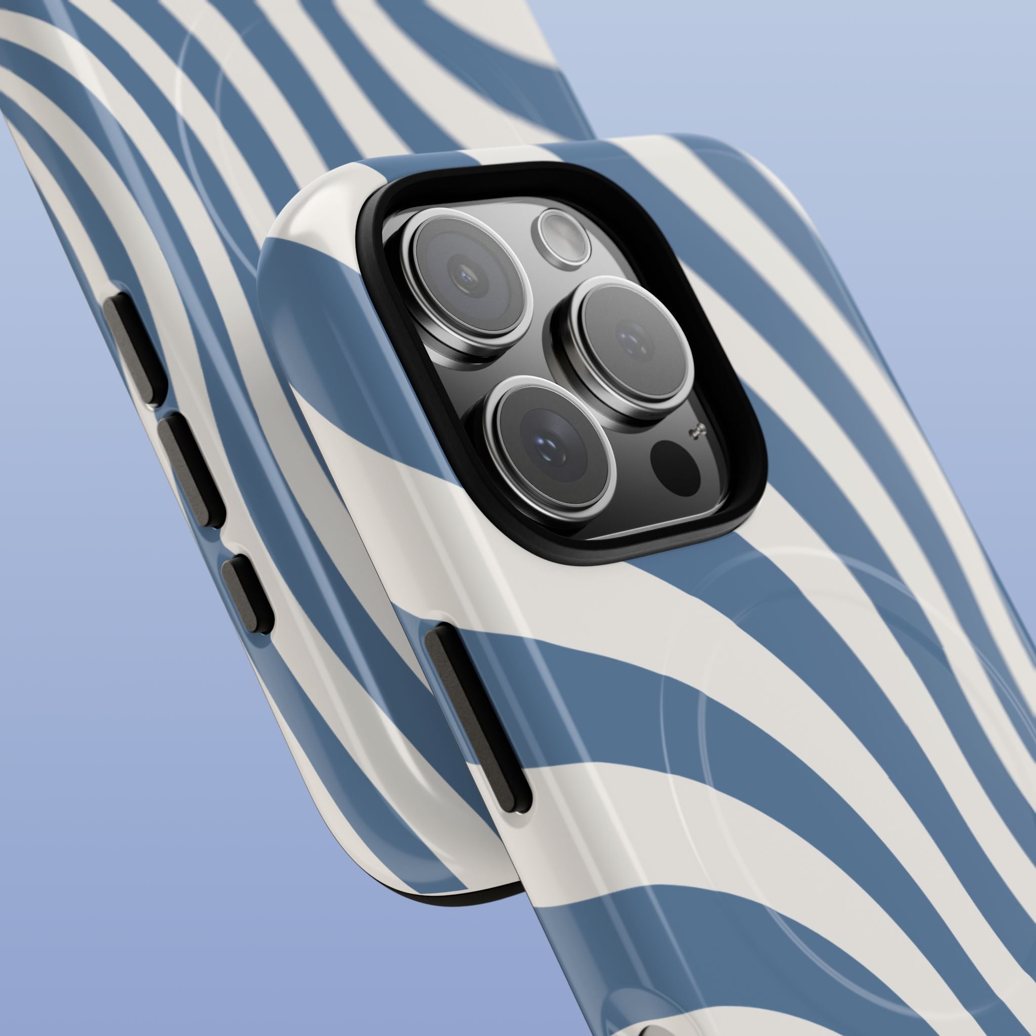 Ocean Blue Wavy Lines MagSafe tough iPhone case for iPhone 16 - close-up view