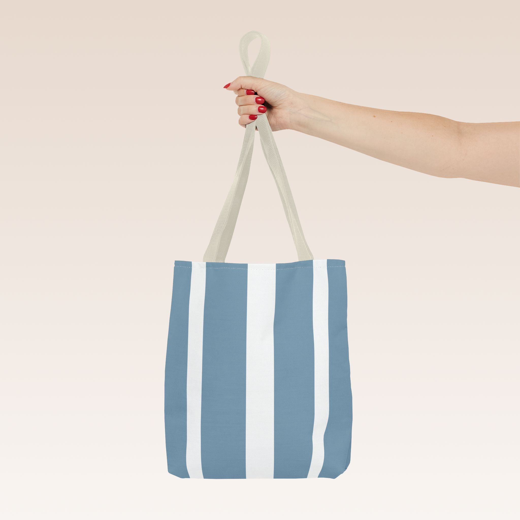 Tote bag mockup - Striped Steel Blue - 13" x 13" - beige handles - detail view