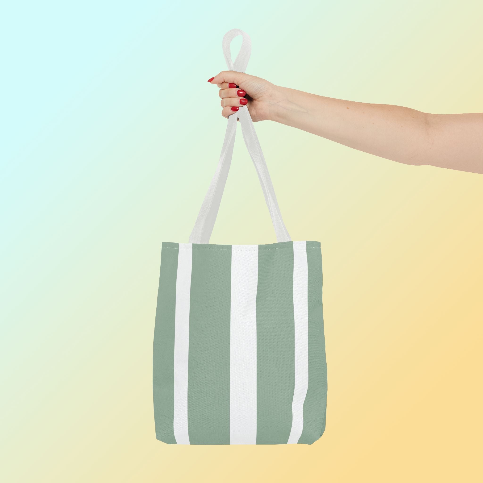 Tote bag mockup - Striped Soft Sage - 13" x 13" - white handles - detail view