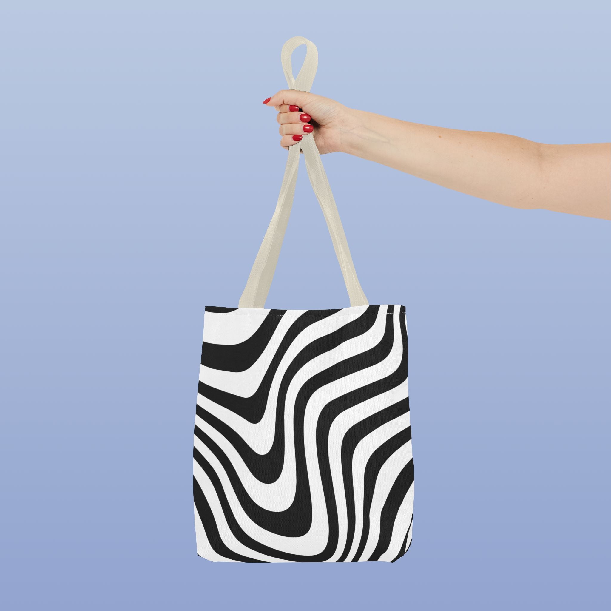 Tote bag mockup - Wavy Lines Black & White - 13" x 13" - beige handles - detail view