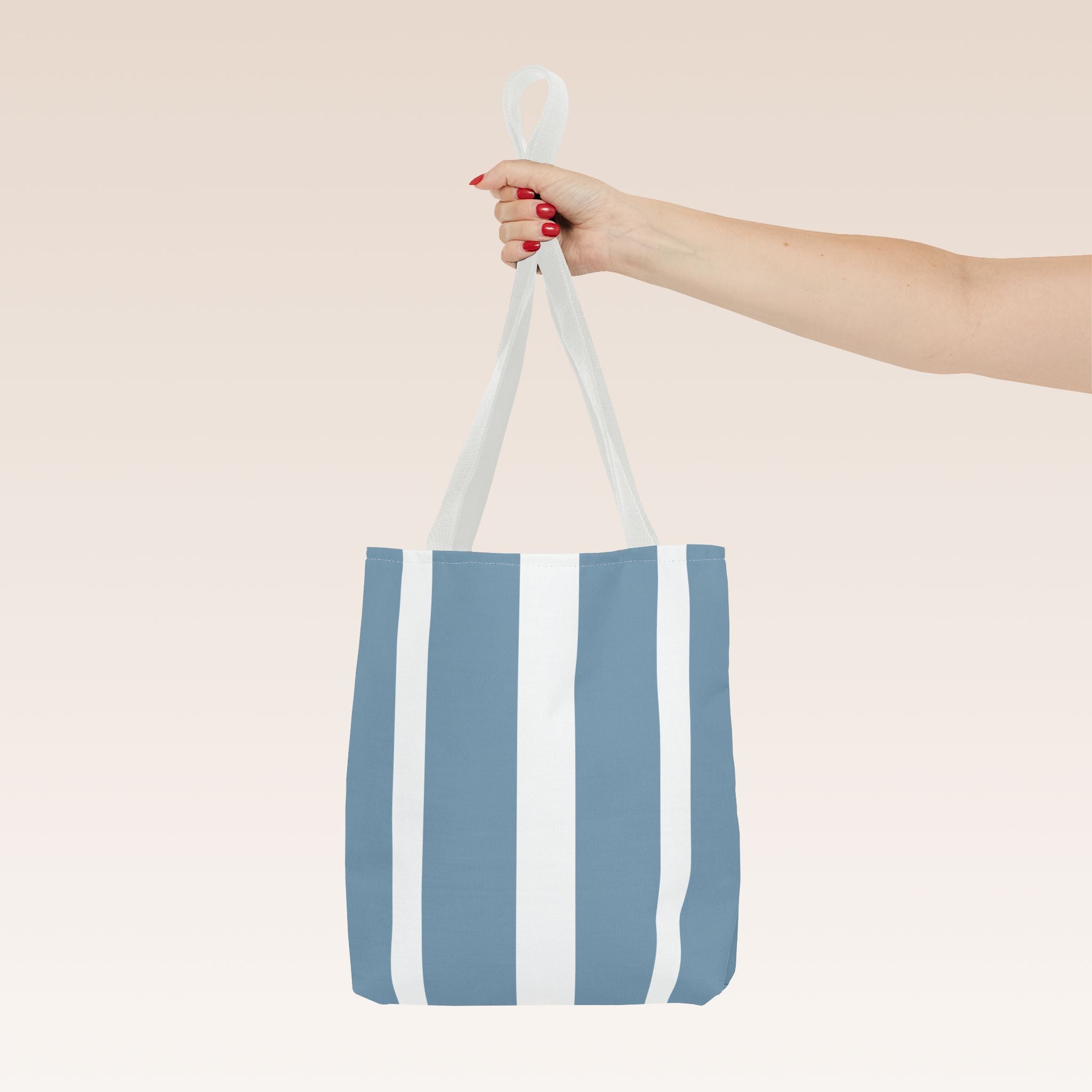 Tote bag mockup - Striped Steel Blue - 13" x 13" - white handles - detail view