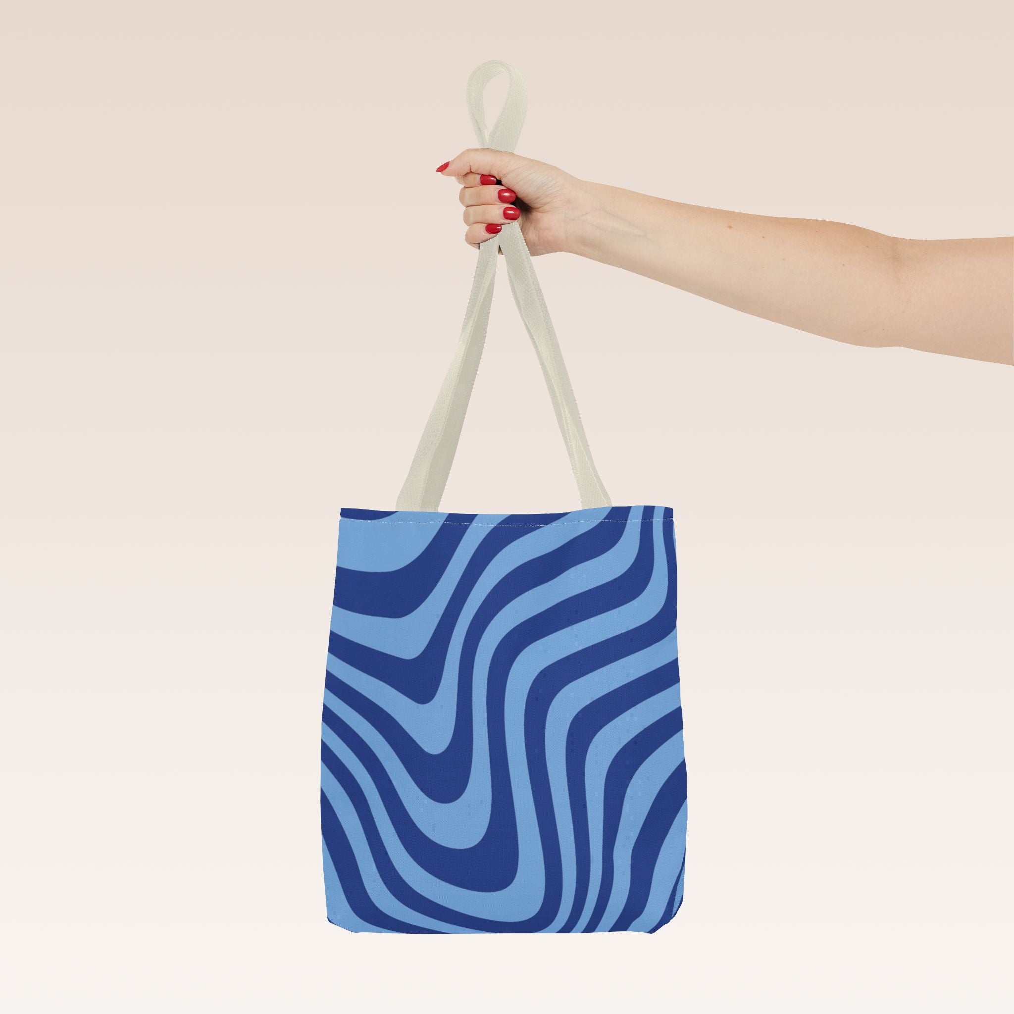 Tote bag mockup - Wavy Lines Deep Blue - 13" x 13" - beige handles - detail view