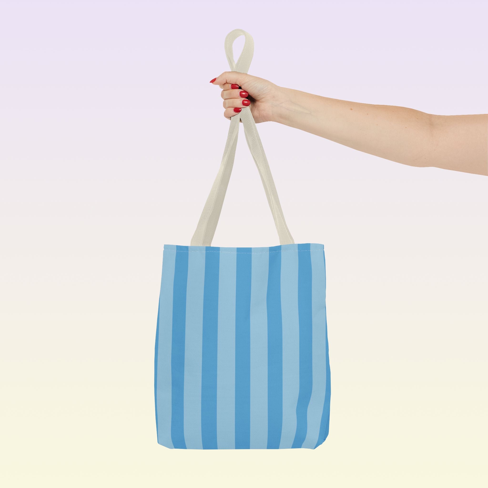 Tote bag mockup - Striped Sky Blue - 13" x 13" - beige handles - detail view