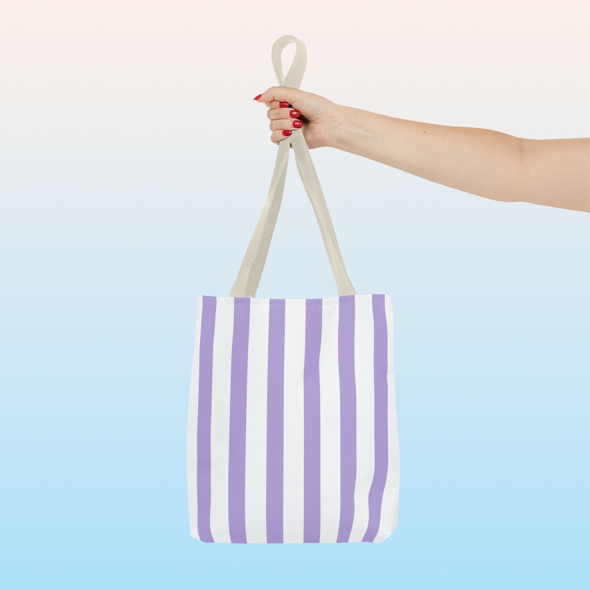 Tote bag mockup - Striped Lavender - 13" x 13" - beige handles - detail view