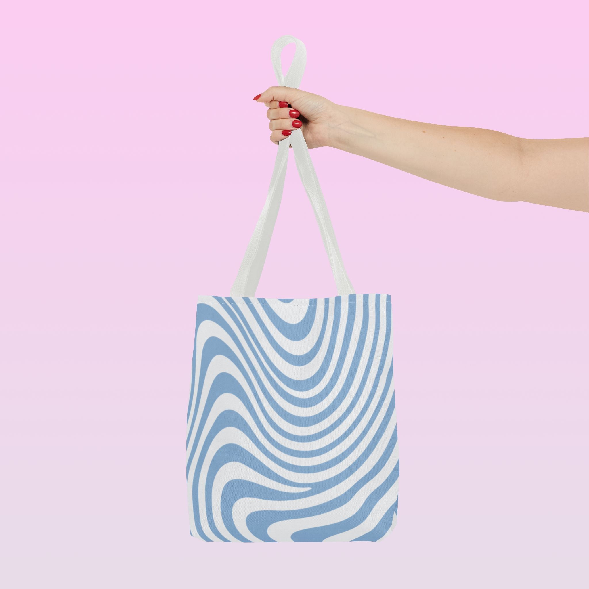 Tote bag mockup - Wavy Lines Light Blue - 13" x 13" - white handles - detail view