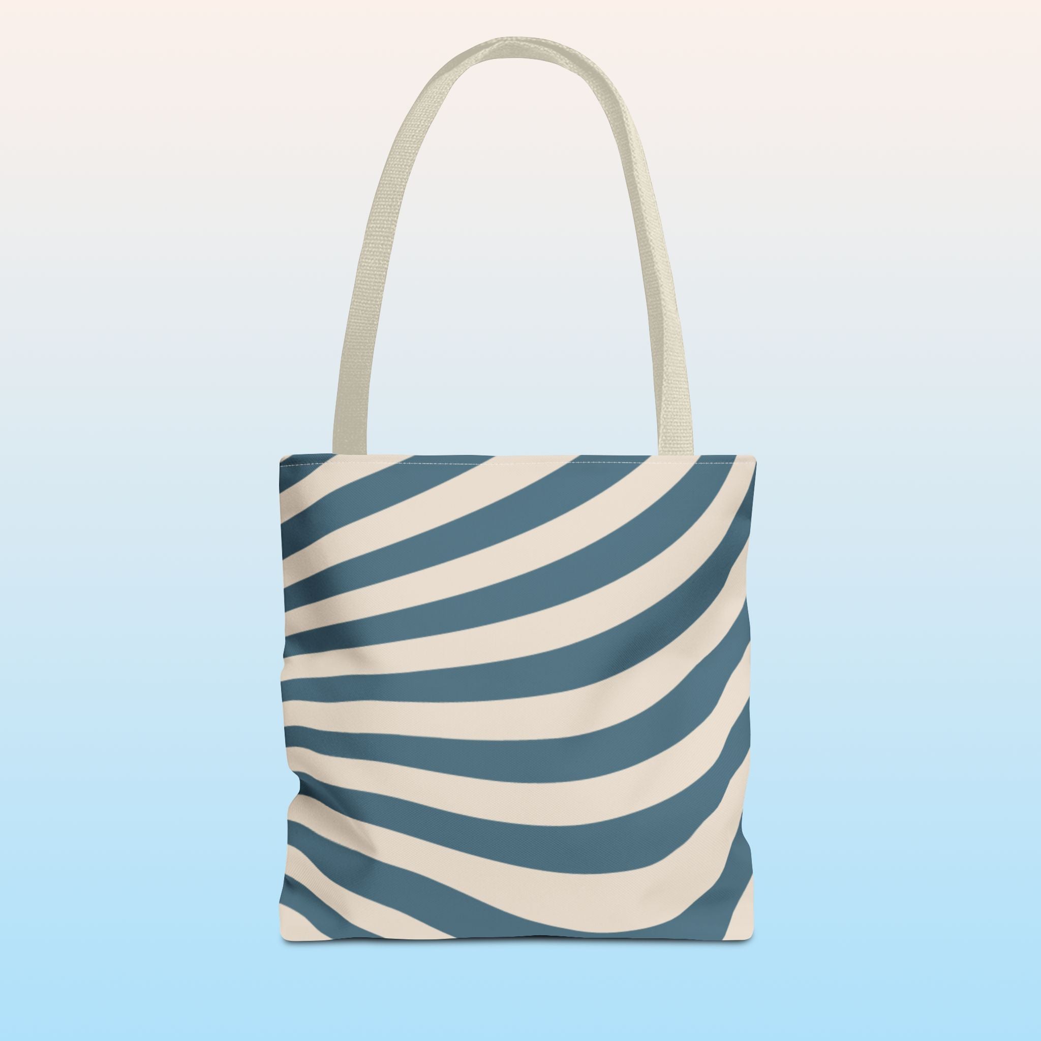 Tote bag mockup - Wavy Lines Blue & Cream Swirl - 13" x 13" - beige handles