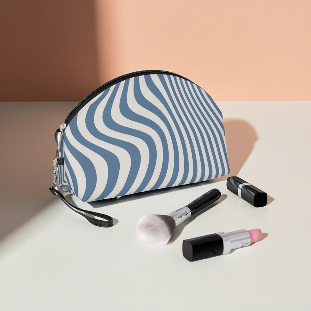Minimalist Soft Blue Wave Makeup Bag Cosmetic Pouch Travel Organizer