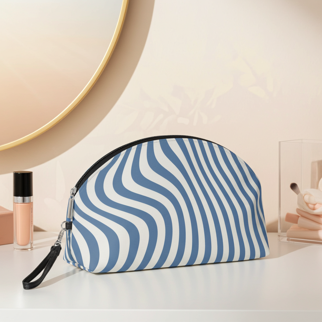 Minimalist Soft Blue Wave Makeup Bag Cosmetic Pouch Travel Organizer
