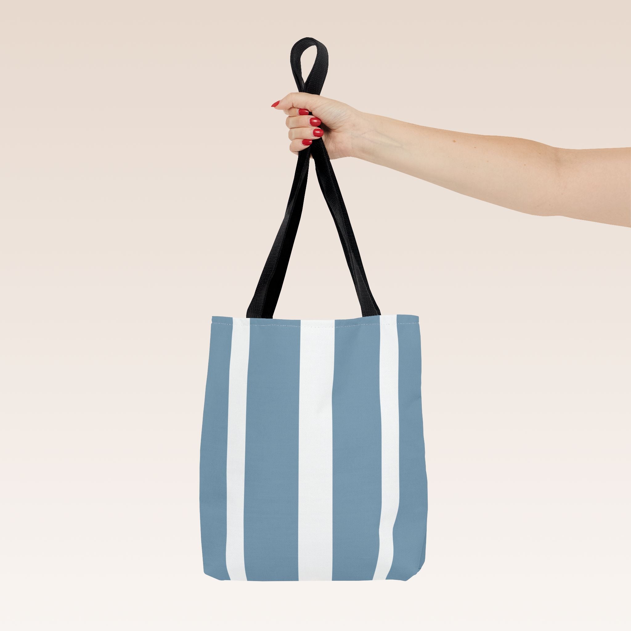 Tote bag mockup - Striped Steel Blue - 13" x 13" - black handles - detail view