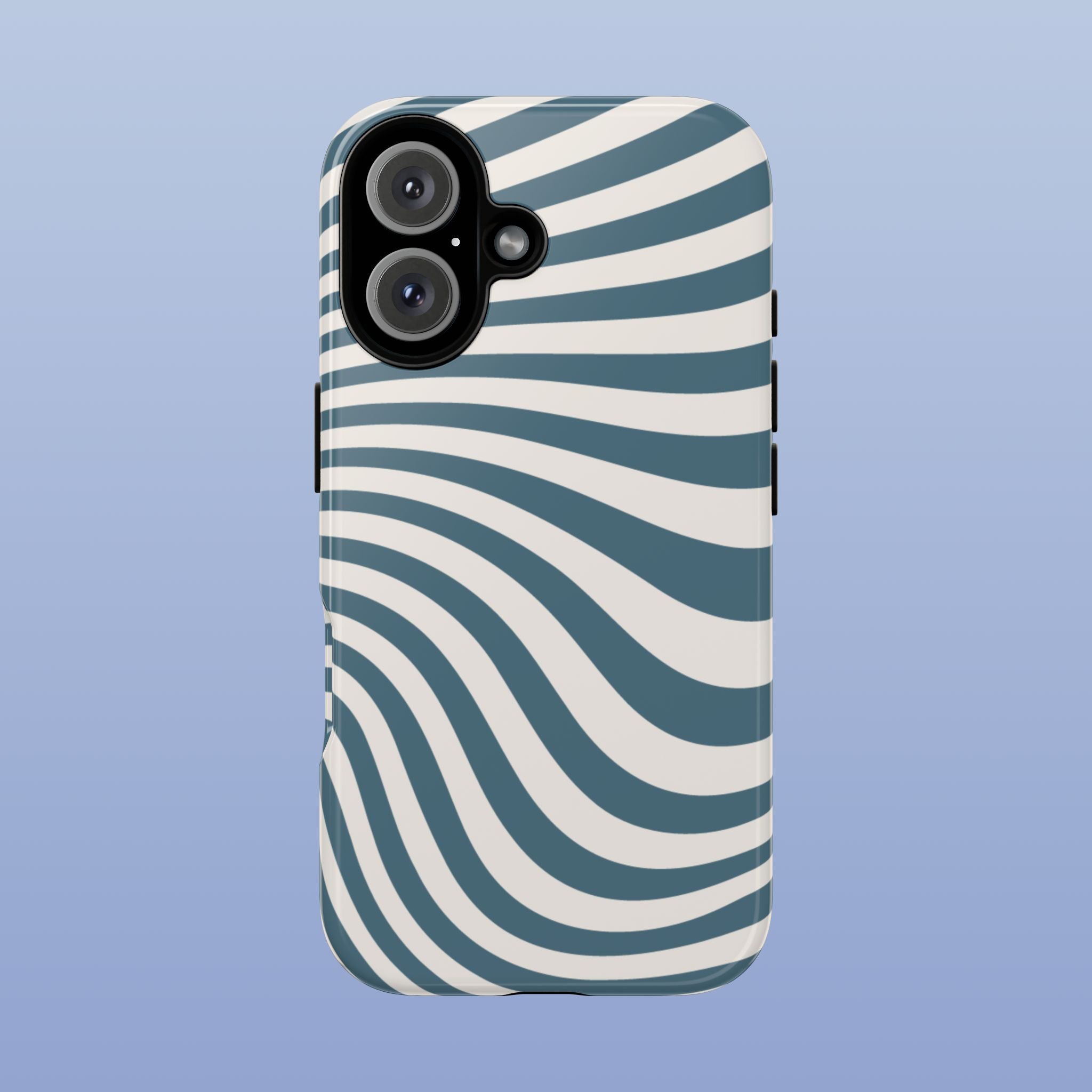 Phone case with blue and white striped pattern on a light blue background