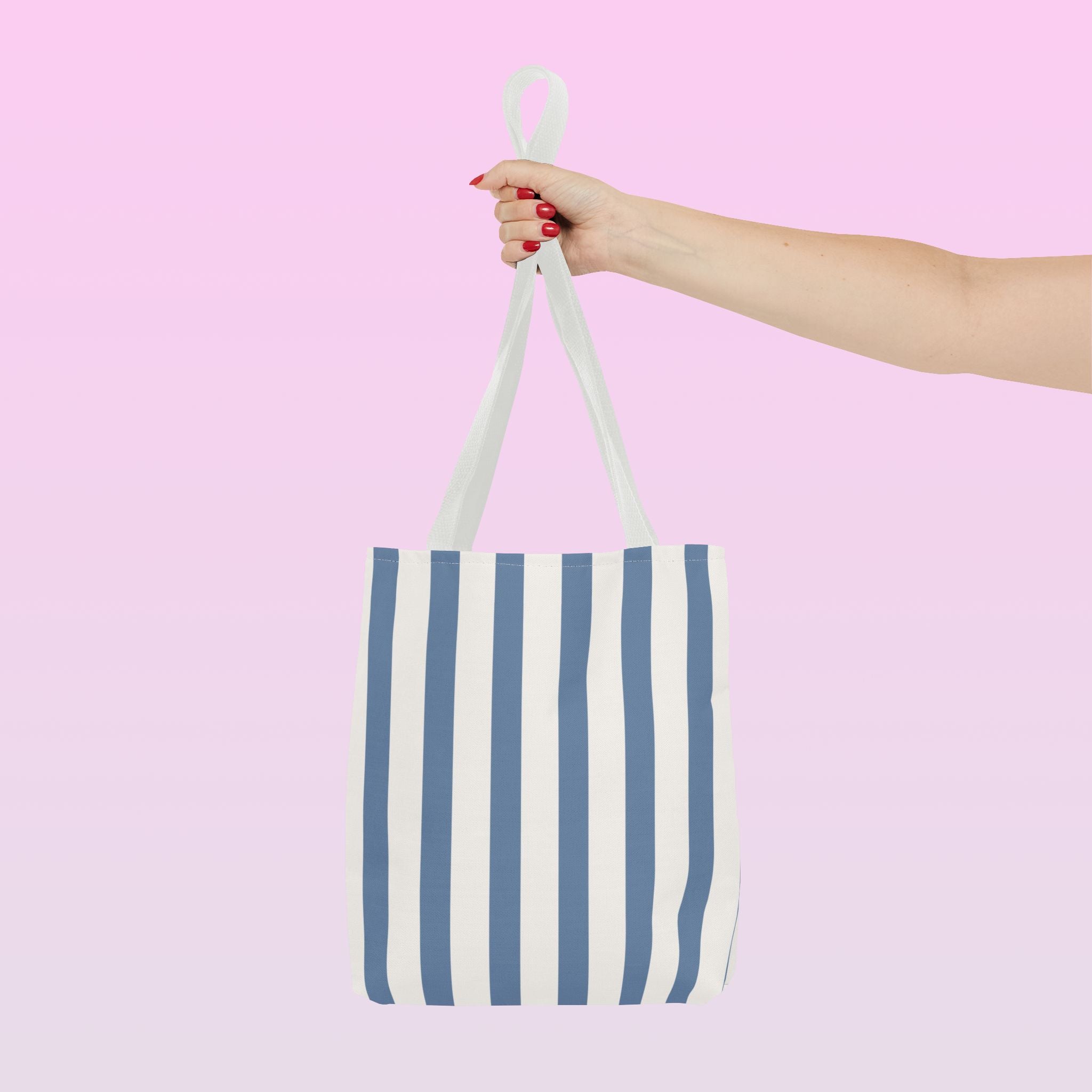 Tote bag mockup - Striped Dusty Blue - 13" x 13" - white handles - detail view
