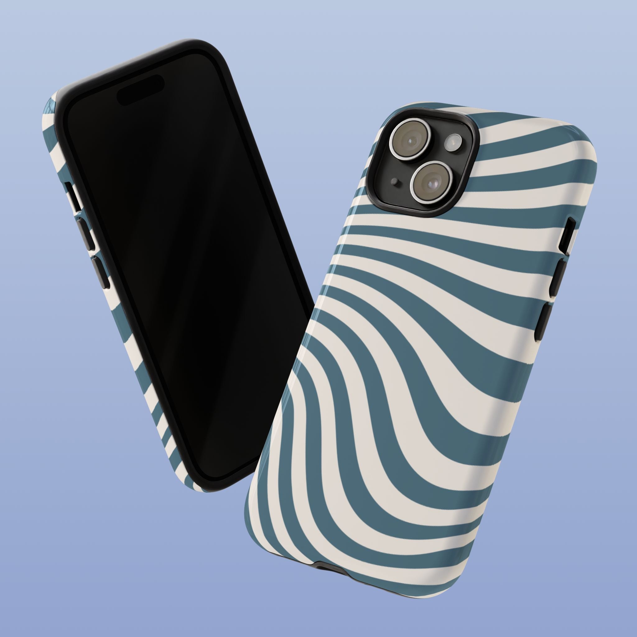 Phone case with blue and white striped pattern on a light blue background