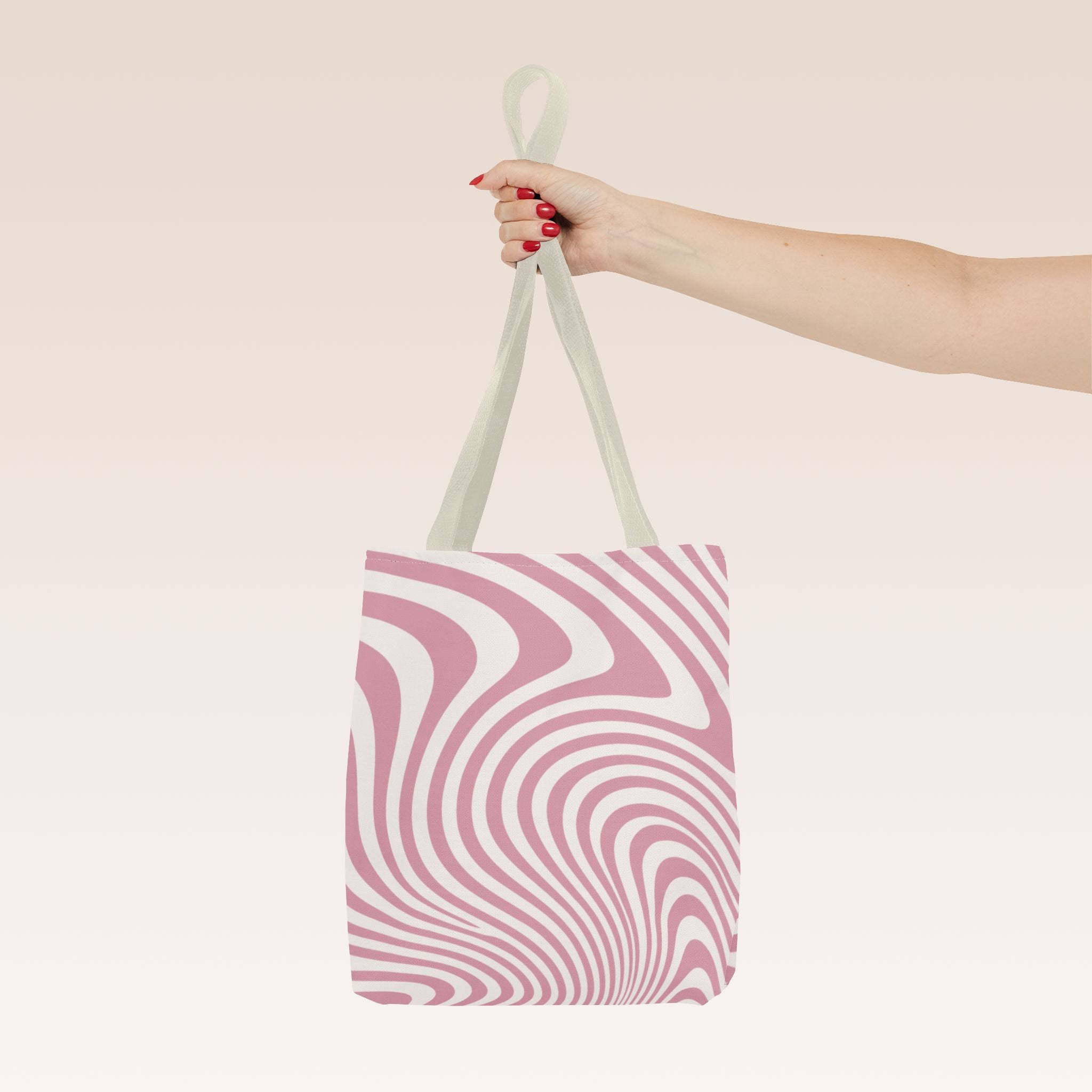 Tote bag mockup - Wavy Lines Soft Pink Swirl - 13" x 13" - beige handles - detail view