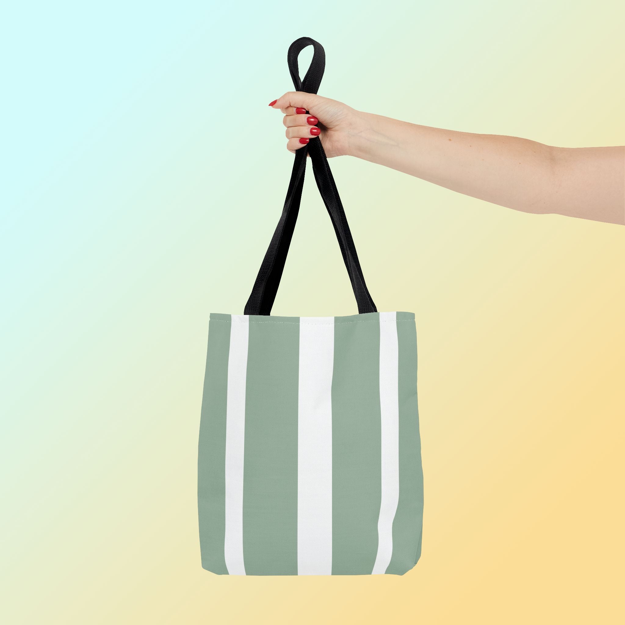 Tote bag mockup - Striped Soft Sage - 13" x 13" - black handles - detail view