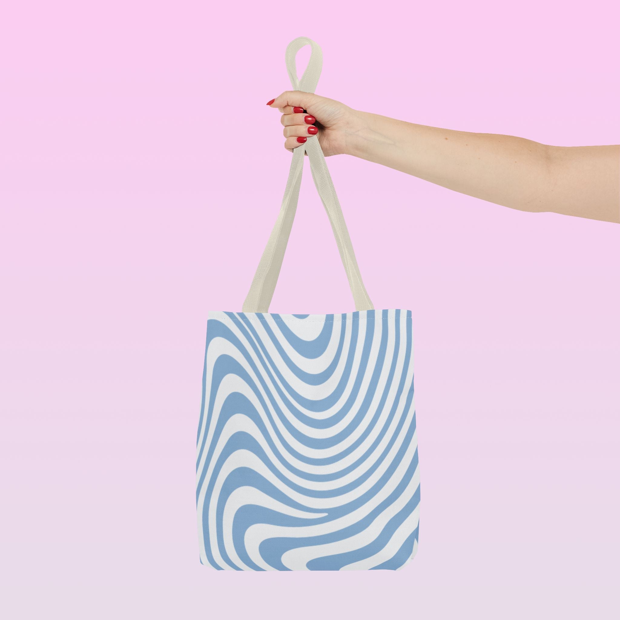 Tote bag mockup - Wavy Lines Light Blue - 13" x 13" - beige handles - detail view