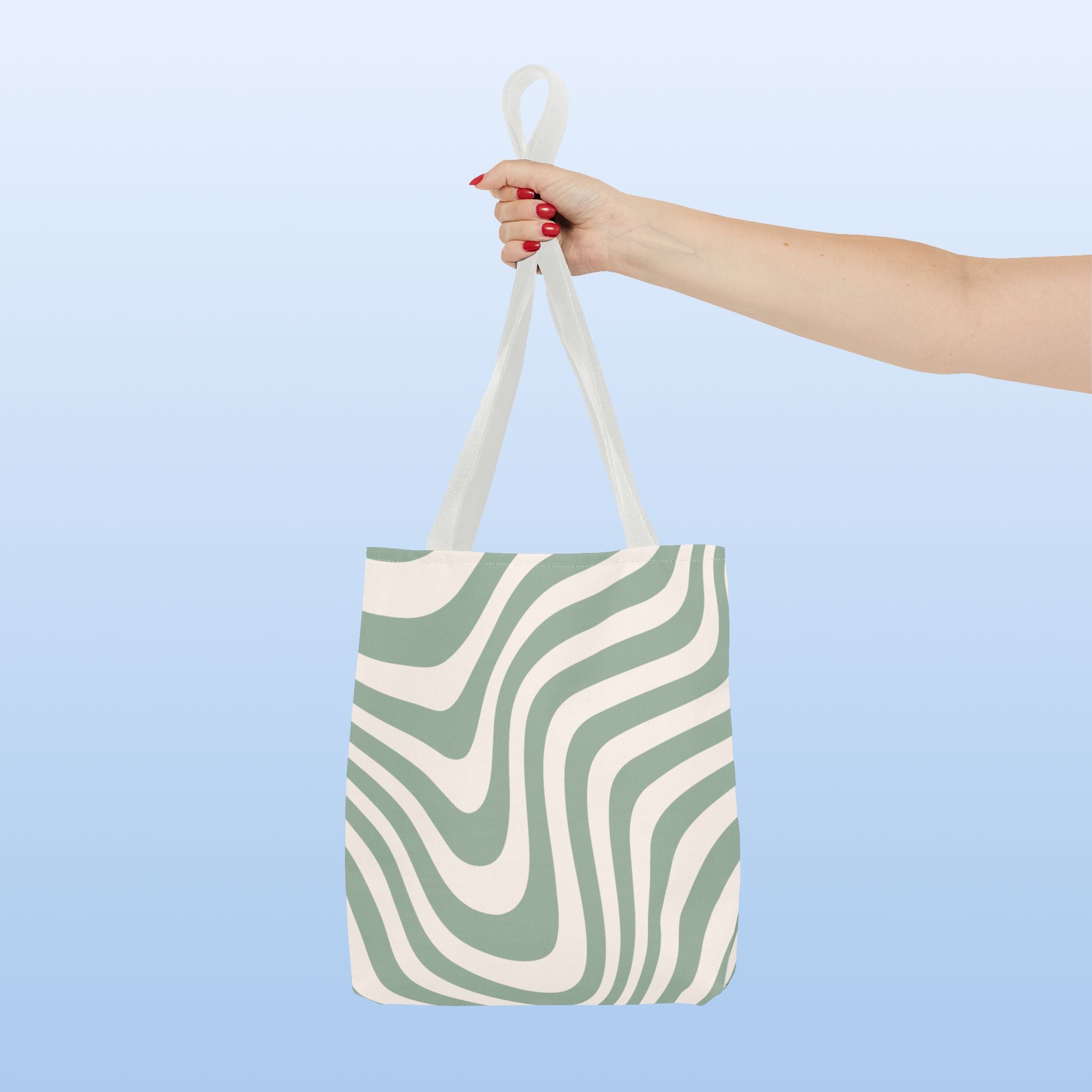 Tote bag mockup - Wavy Lines Sage Green - 13" x 13" - white handles - detail view
