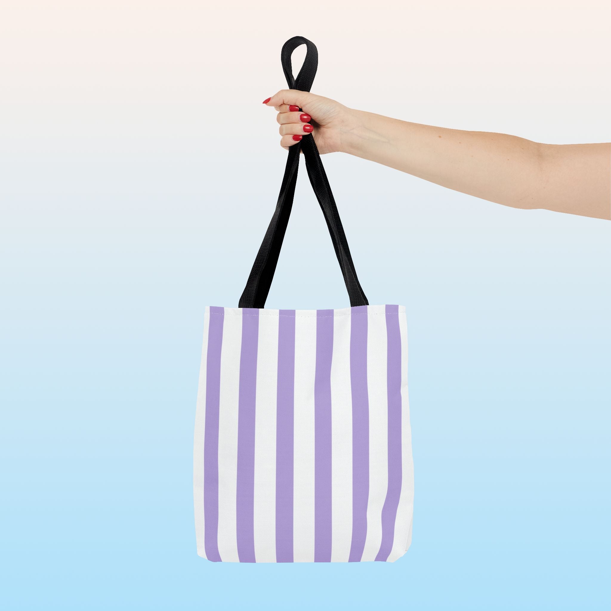 Tote bag mockup - Striped Lavender - 13" x 13" - black handles - detail view