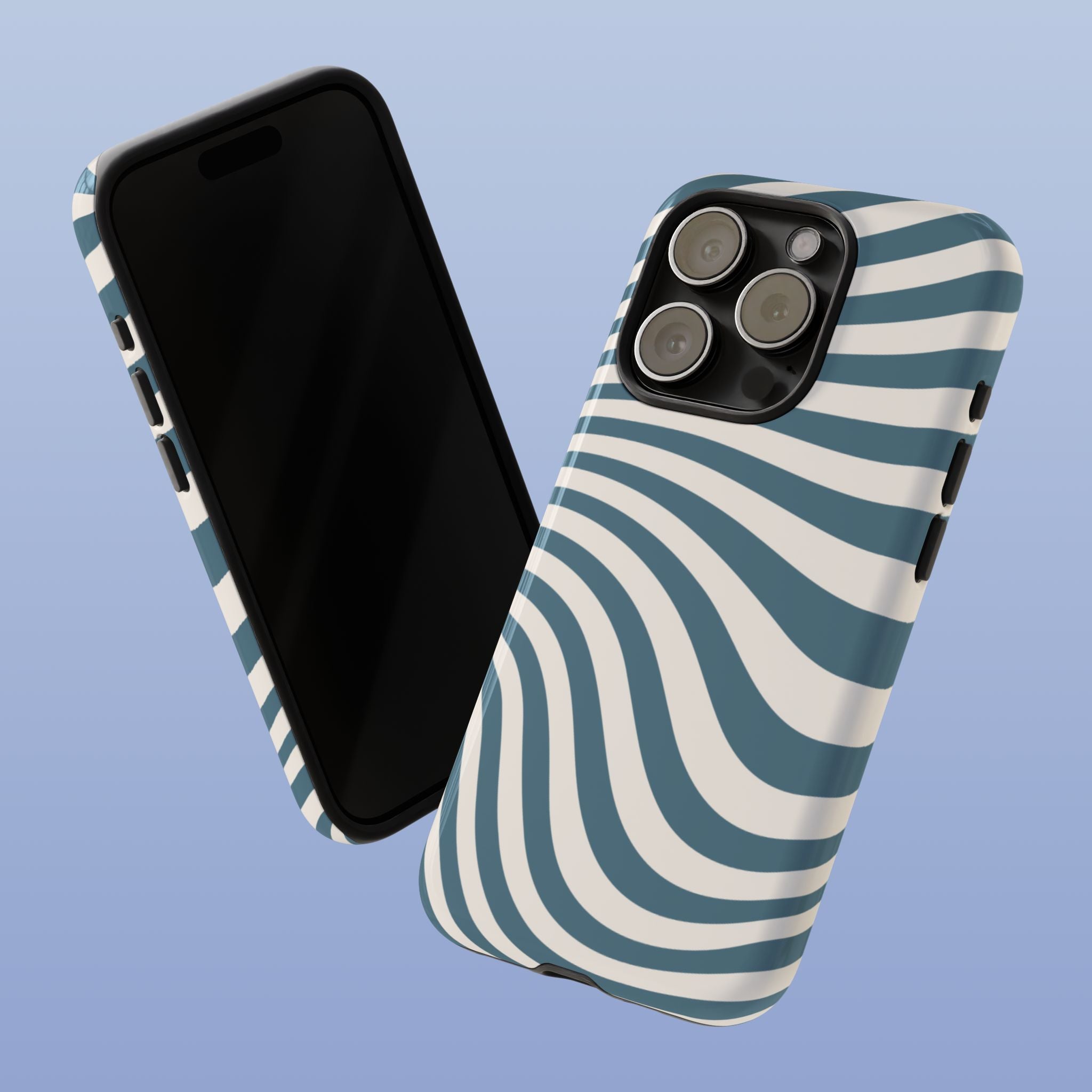 Phone case with blue and white striped pattern on a light blue background