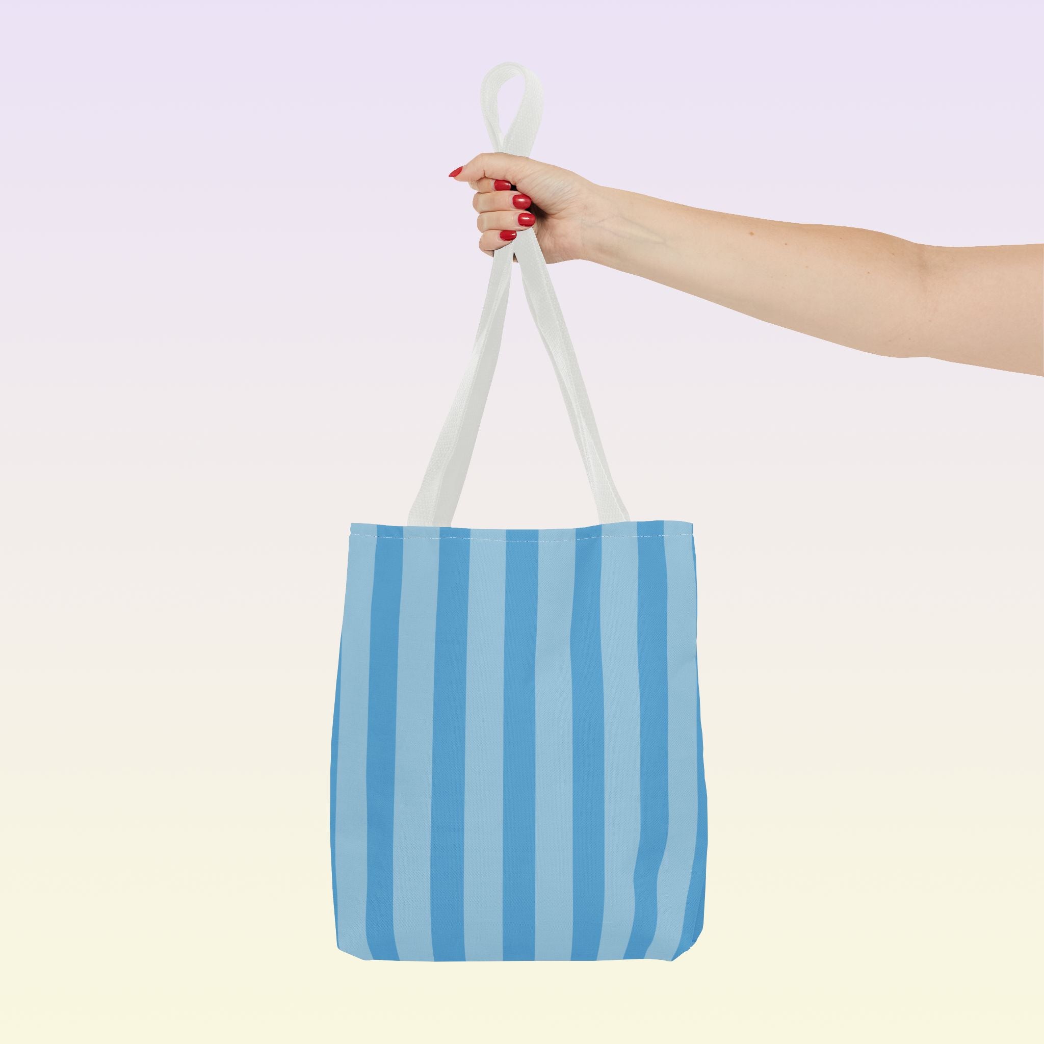 Tote bag mockup - Striped Sky Blue - 13" x 13" - white handles - detail view