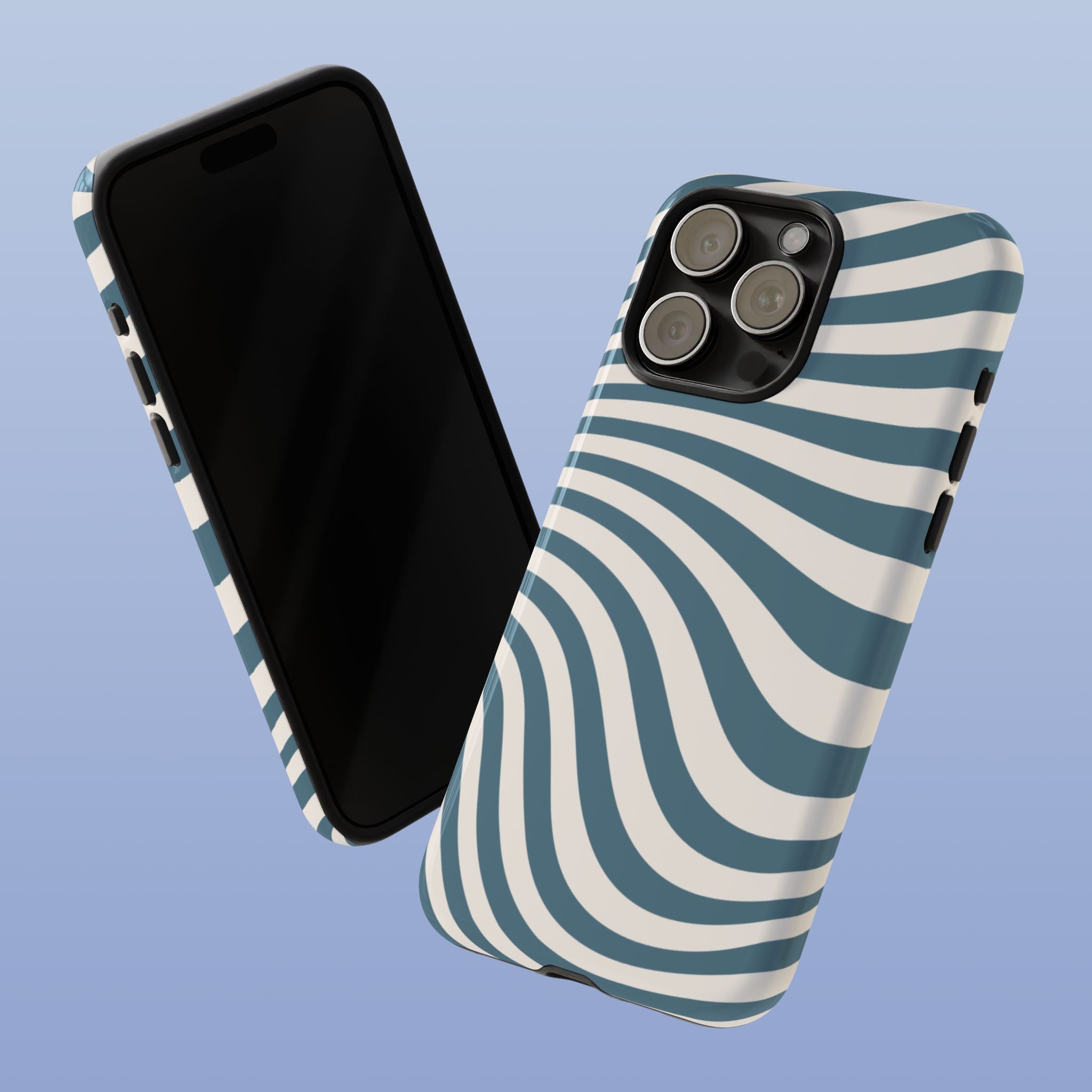 Phone case with blue and white striped pattern on a light blue background