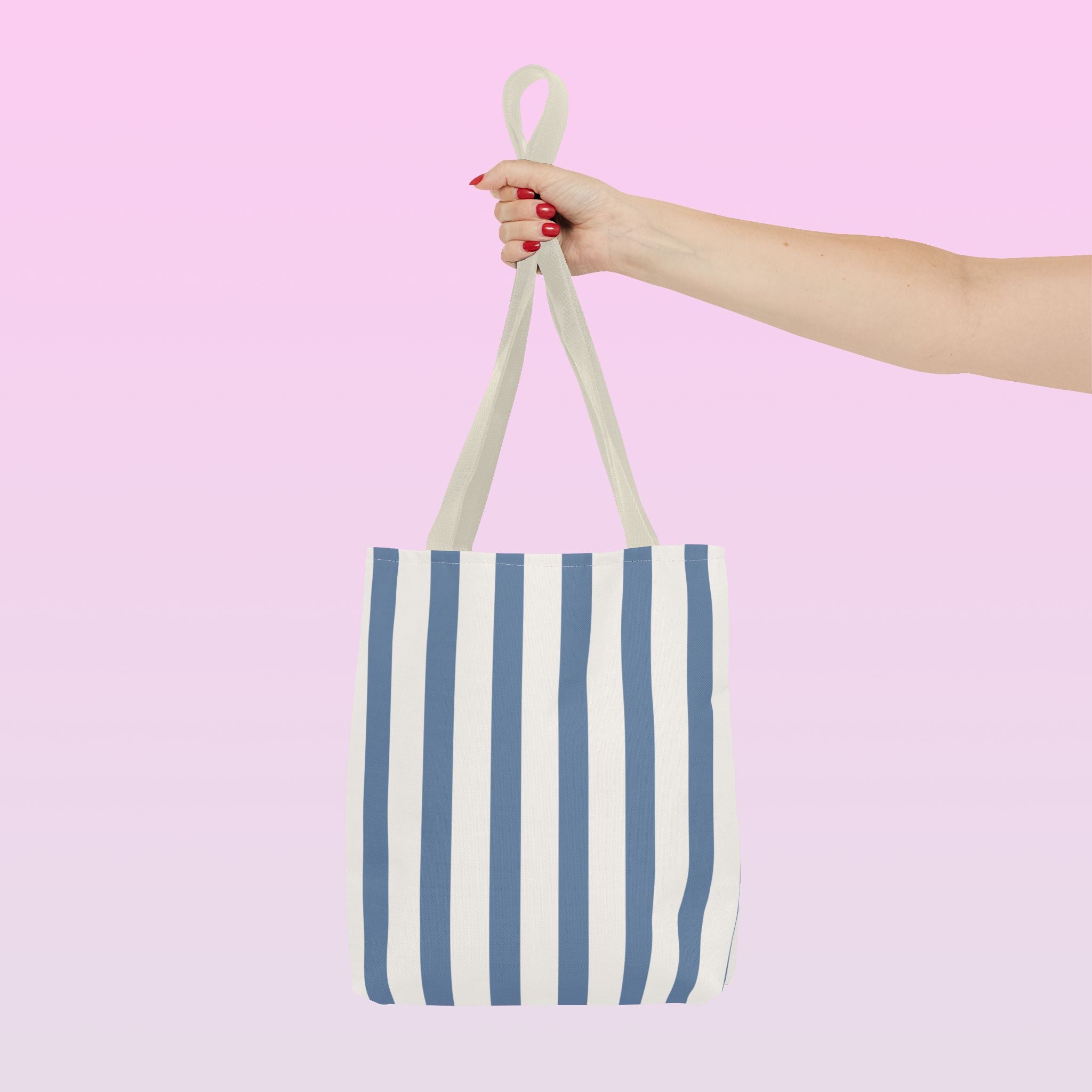 Tote bag mockup - Striped Dusty Blue - 13" x 13" - beige handles - detail view