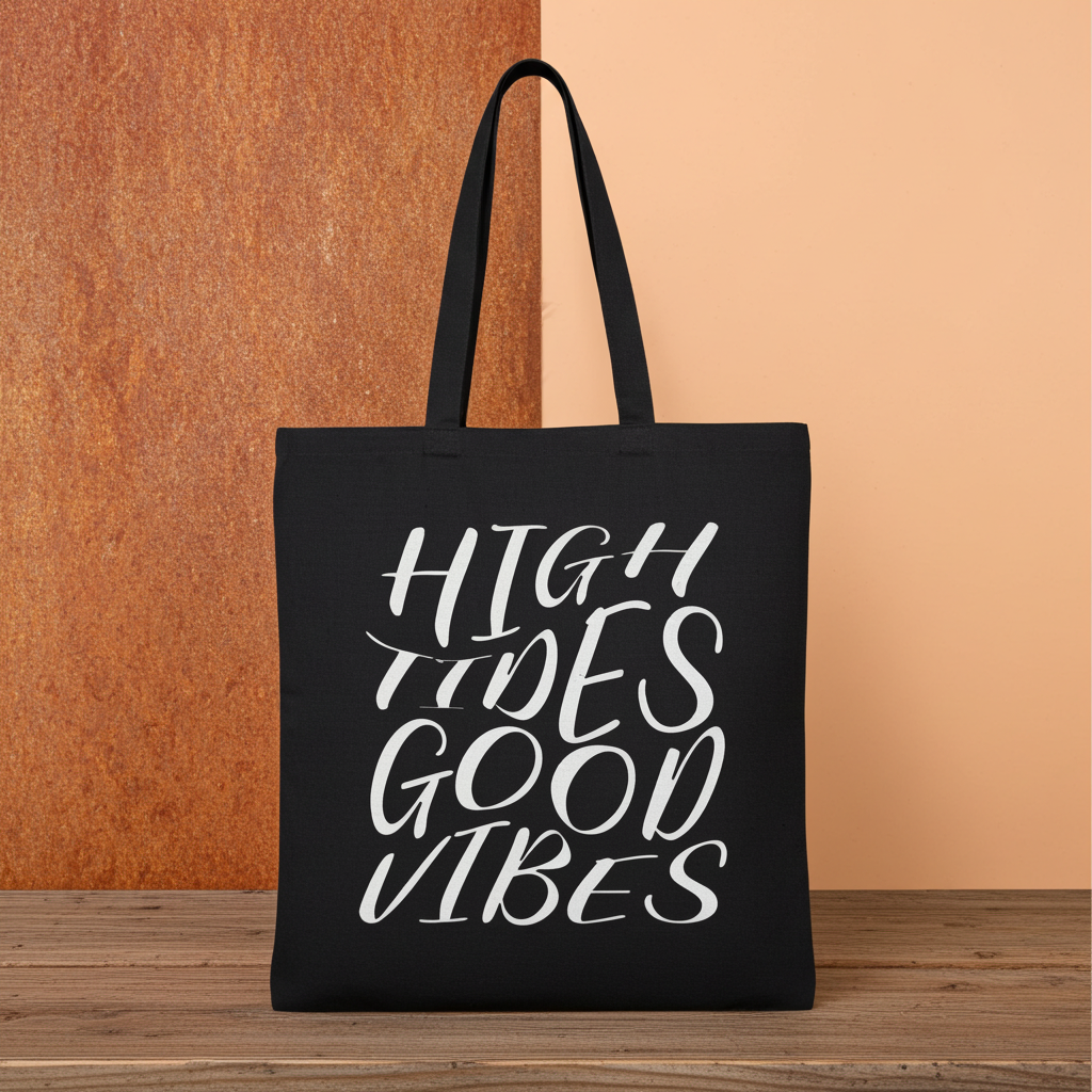 High Tides Good Vibes Canvas Tote Bag Natural And Black For Beach Shopping