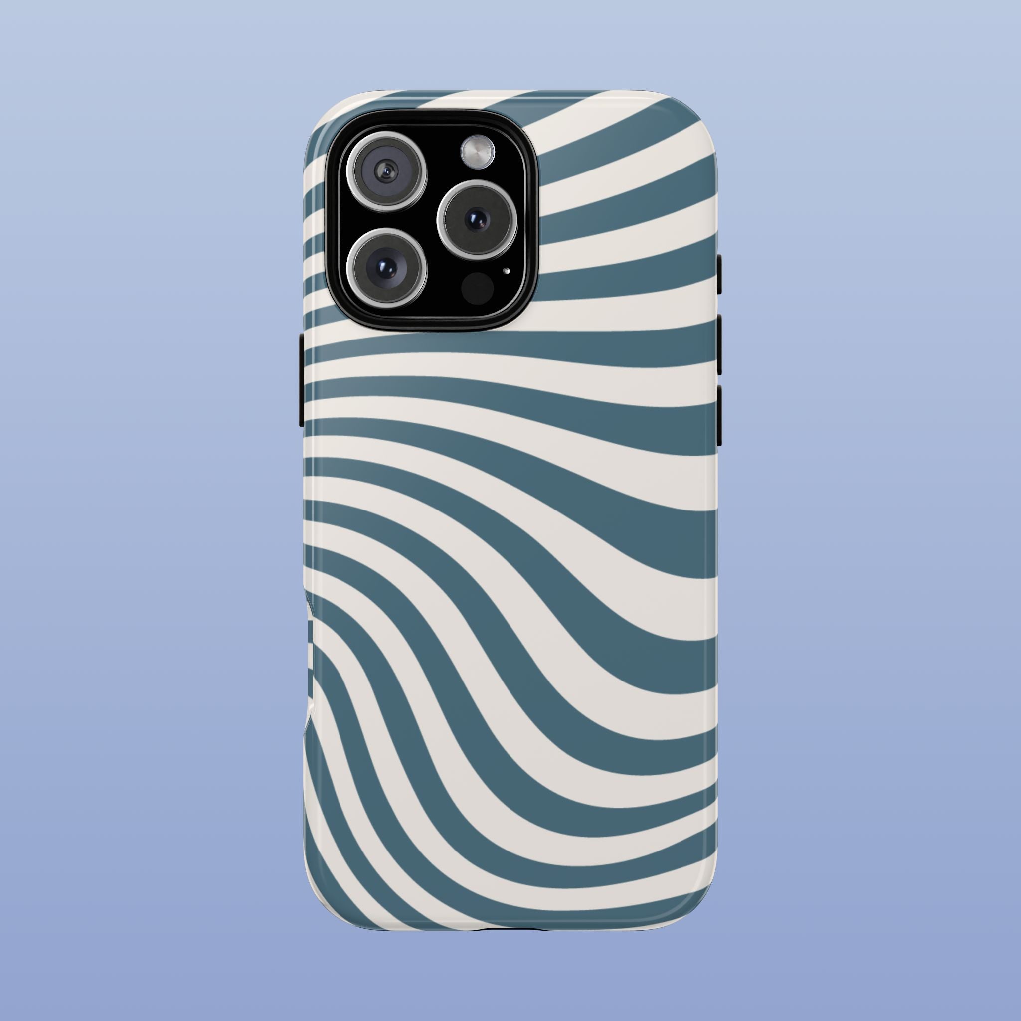 Phone case with blue and white wavy pattern on a light blue background