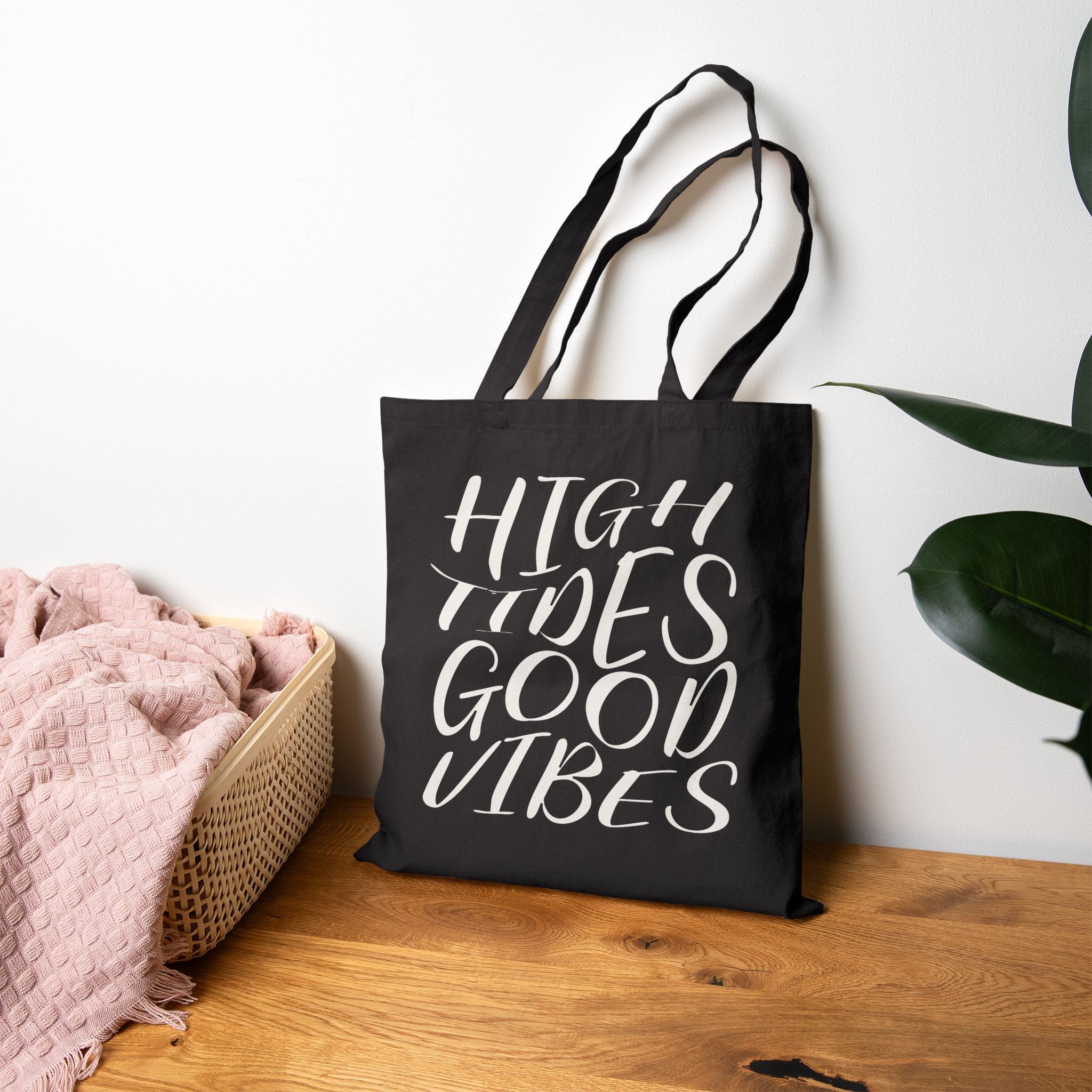 High Tides Good Vibes Canvas Tote Bag Natural And Black For Beach Shopping