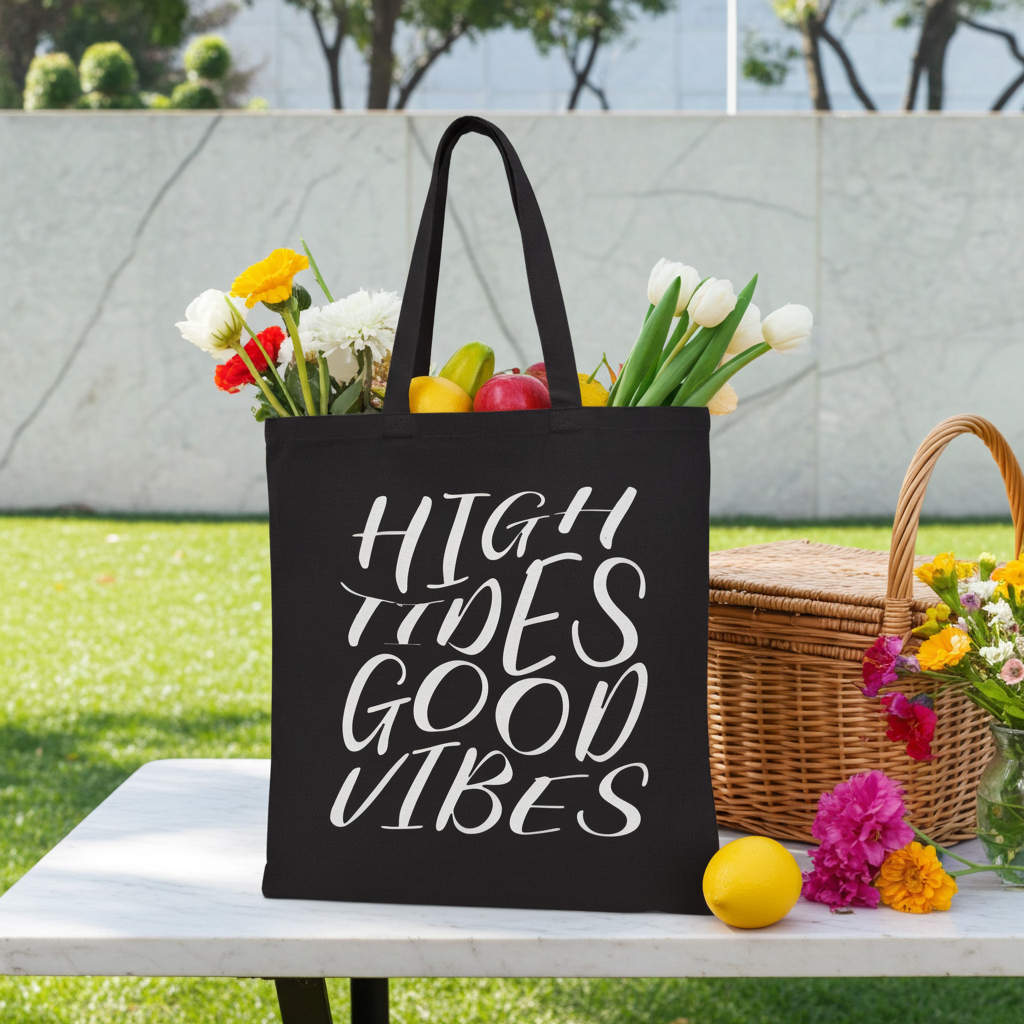 High Tides Good Vibes Canvas Tote Bag Natural And Black For Beach Shopping